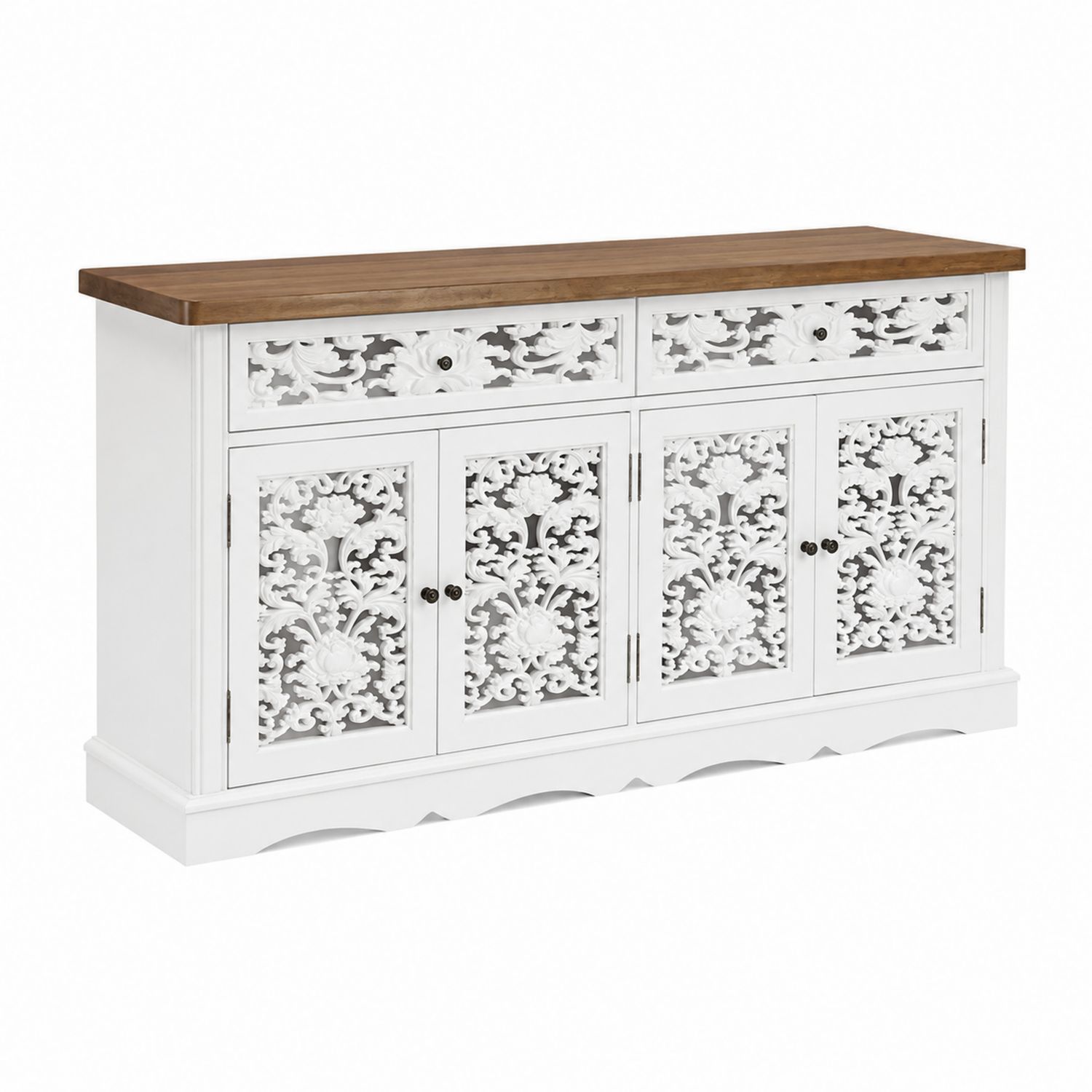 Credenza in legno intagliato bianco e naturale 152x40x90 cm