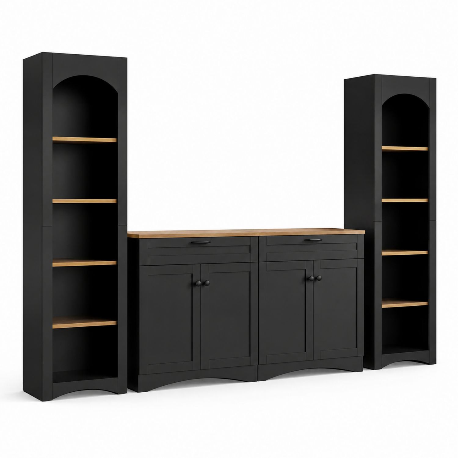 Set mobile soggiorno nero con mensole in legno massello