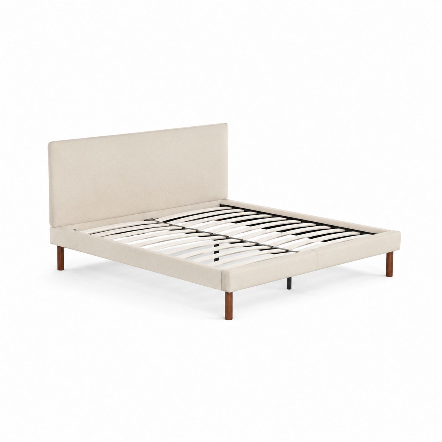 Letto matrimoniale in legno con rivestimento in tessuto beige