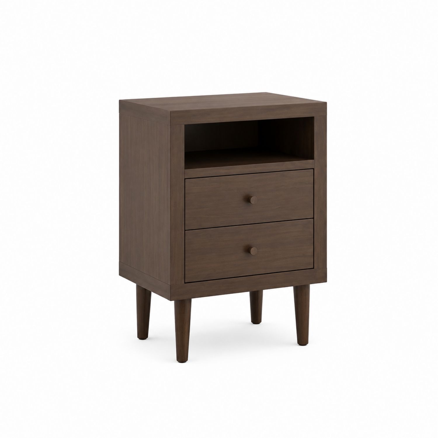 Comodino in legno con due cassetti e scomparto aperto Marrone