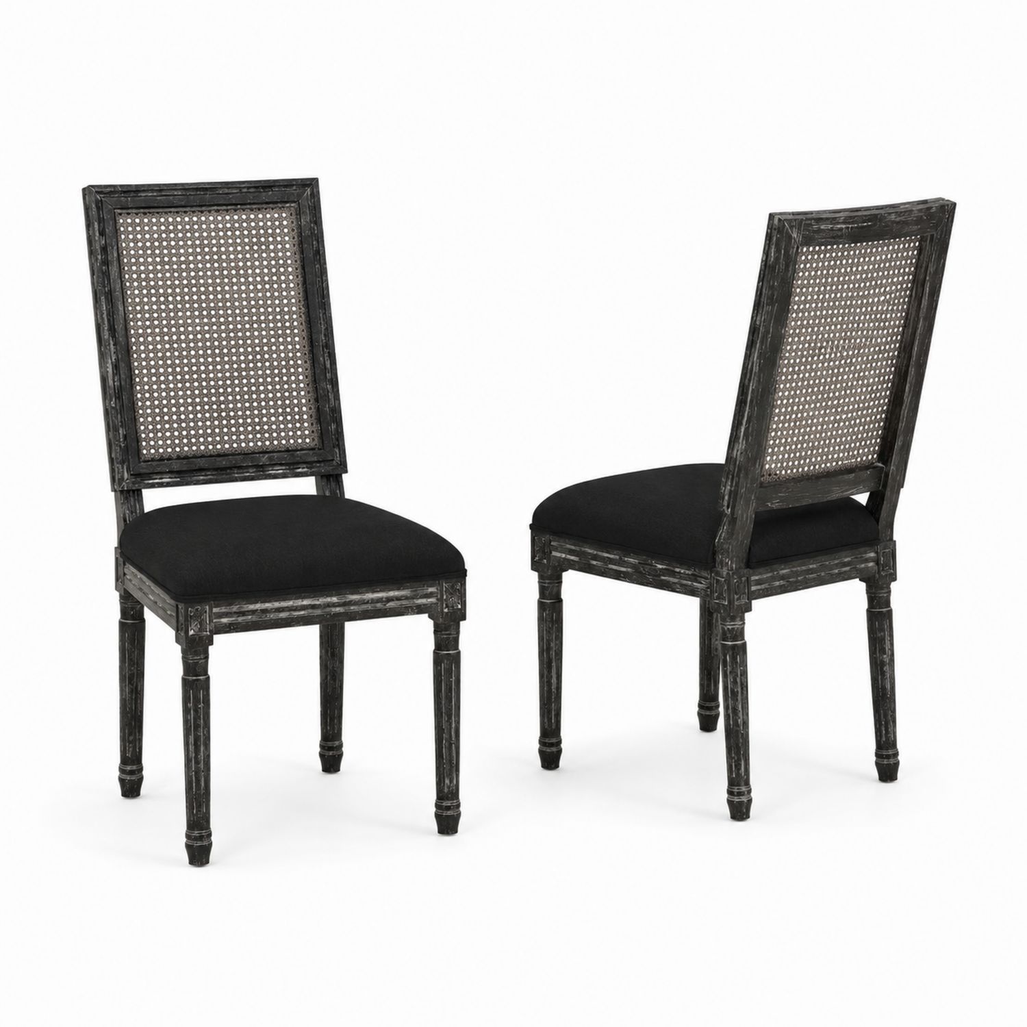 Set di Sedie in Legno con Schienale in Rattan e Tessuto Nero
