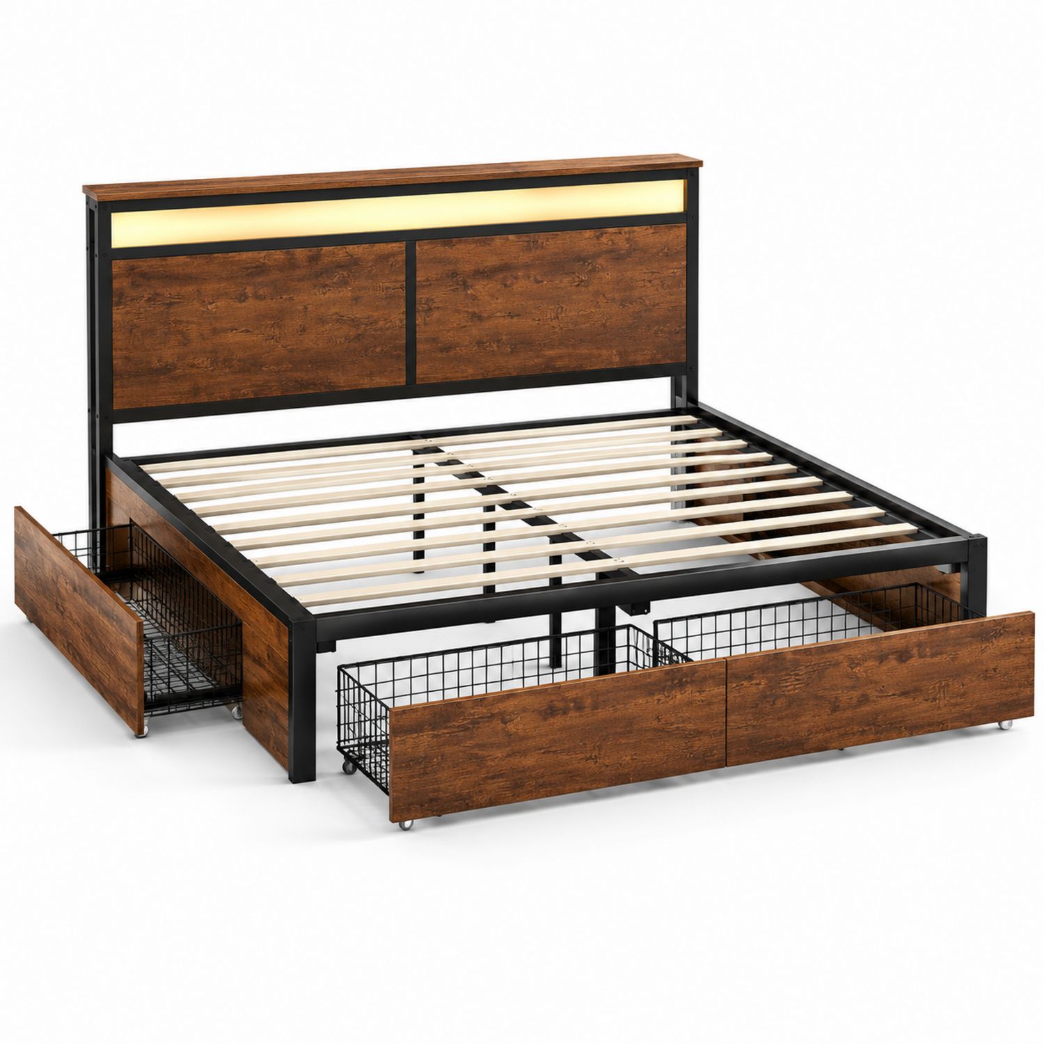 Letto matrimoniale in legno e metallo con cassetti 160x200 cm