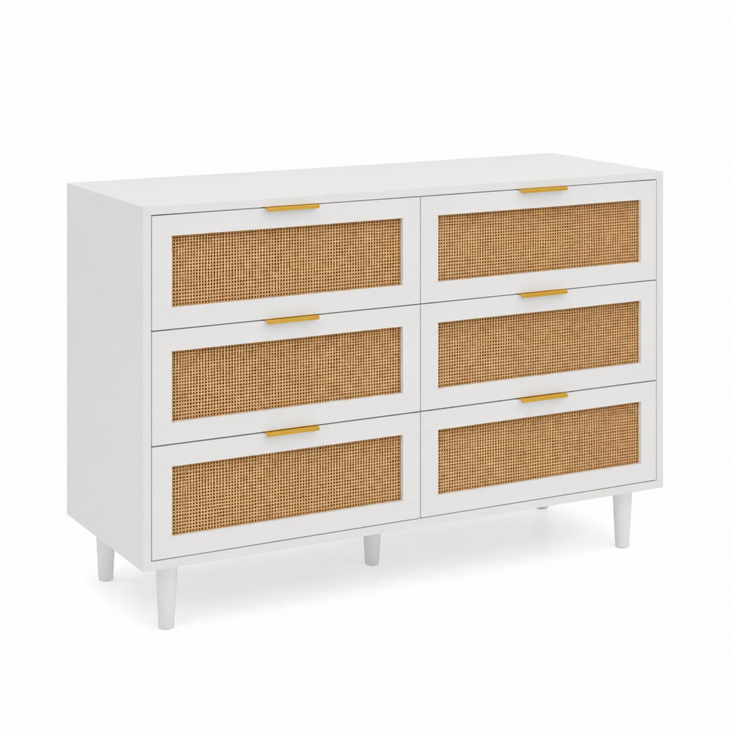 Cassettiera con 6 Cassetti in Legno e Rattan Bianco 120x40x80 cm