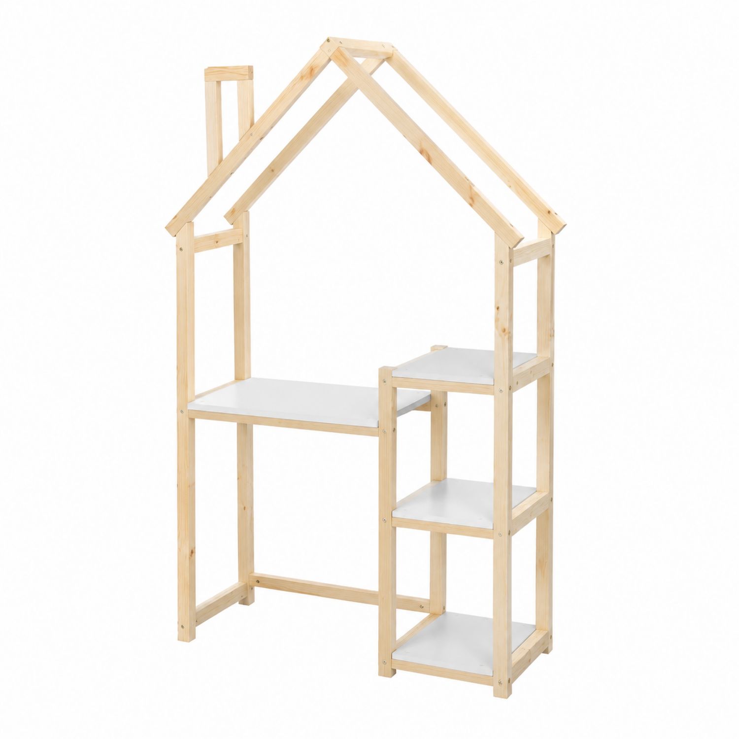 Scrivania scaffale a forma di casa in legno di pino e MDF bianco