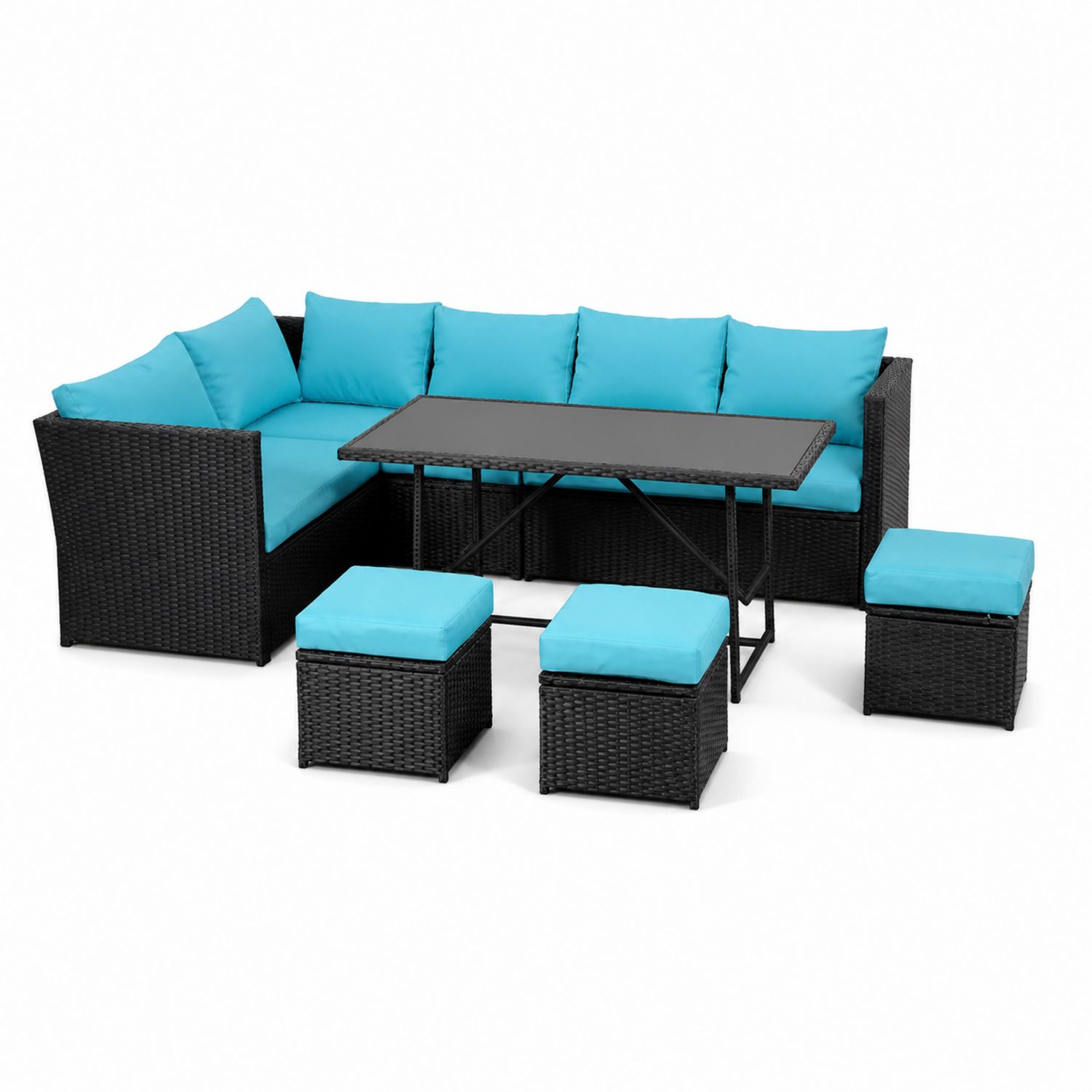 Set Divano Angolare in Rattan con Cuscini Blu e Tavolo in Vetro