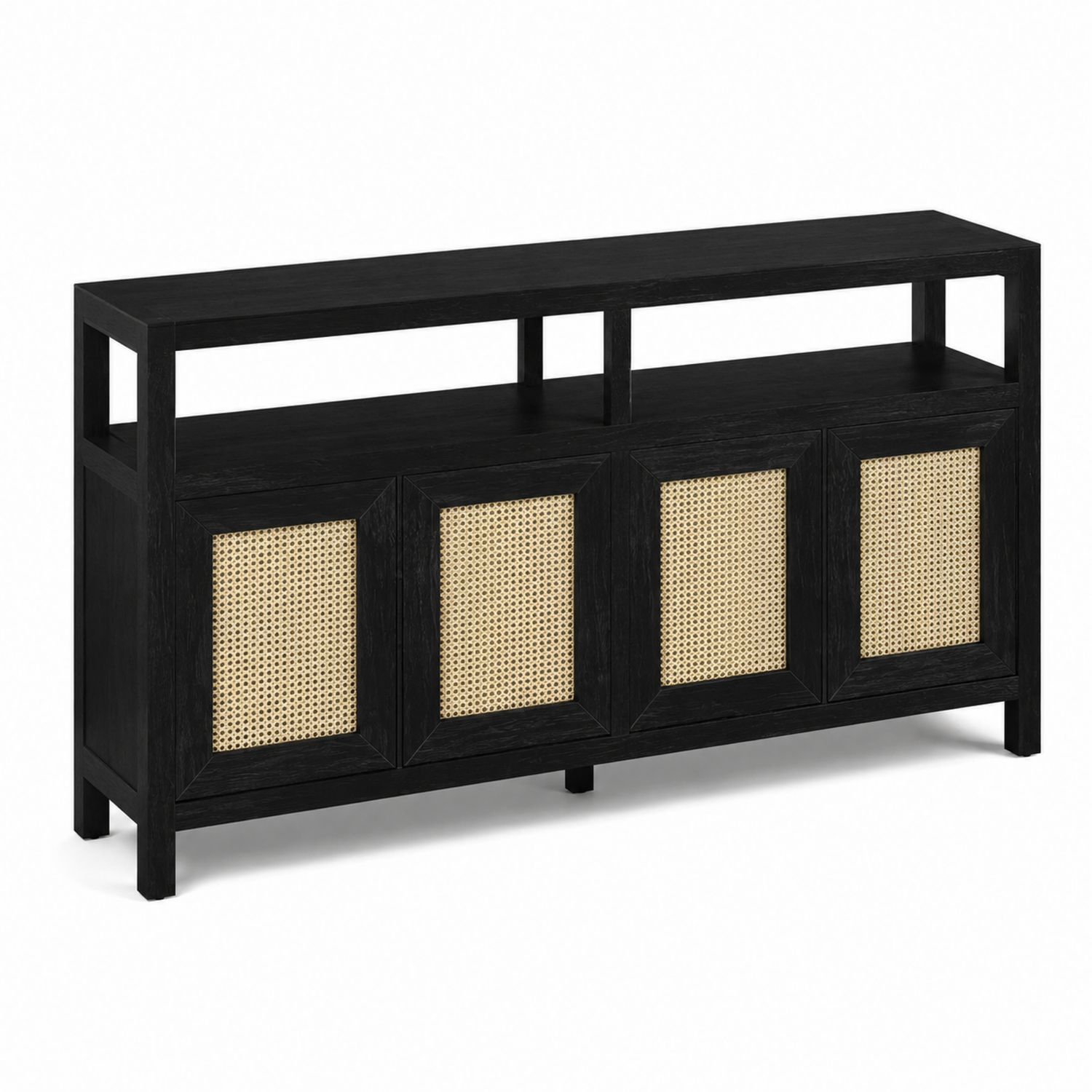 Credenza in Legno Nero con Ante in Rattan