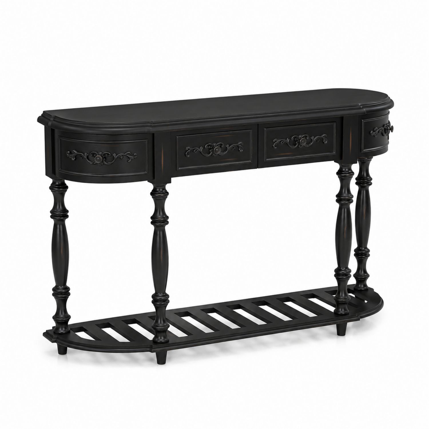 Consolle Ovale in Legno Nero con Cassetti