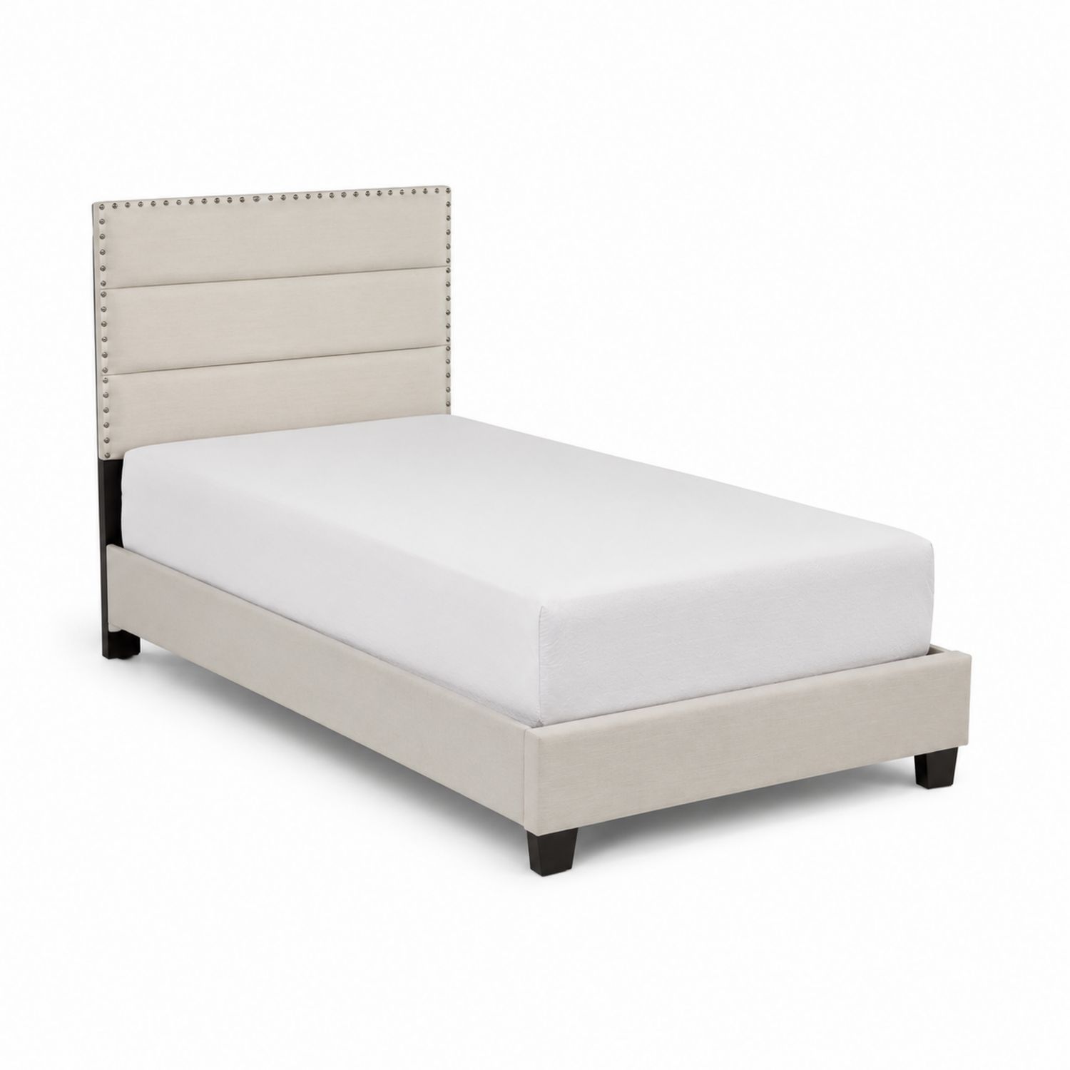 Letto Singolo in Tessuto Beige con Gambe in Legno
