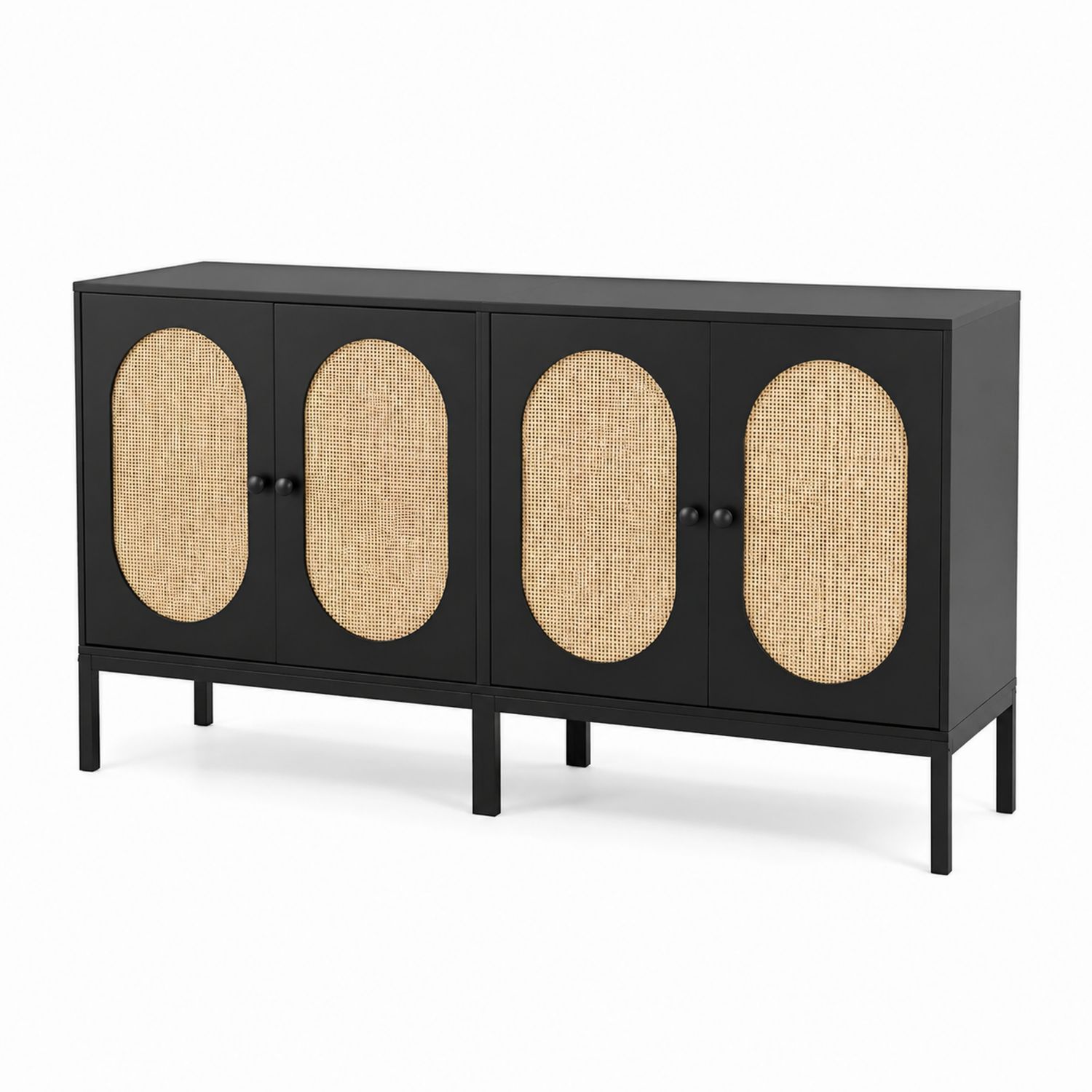 Credenza a 4 ante in metallo nero e rattan