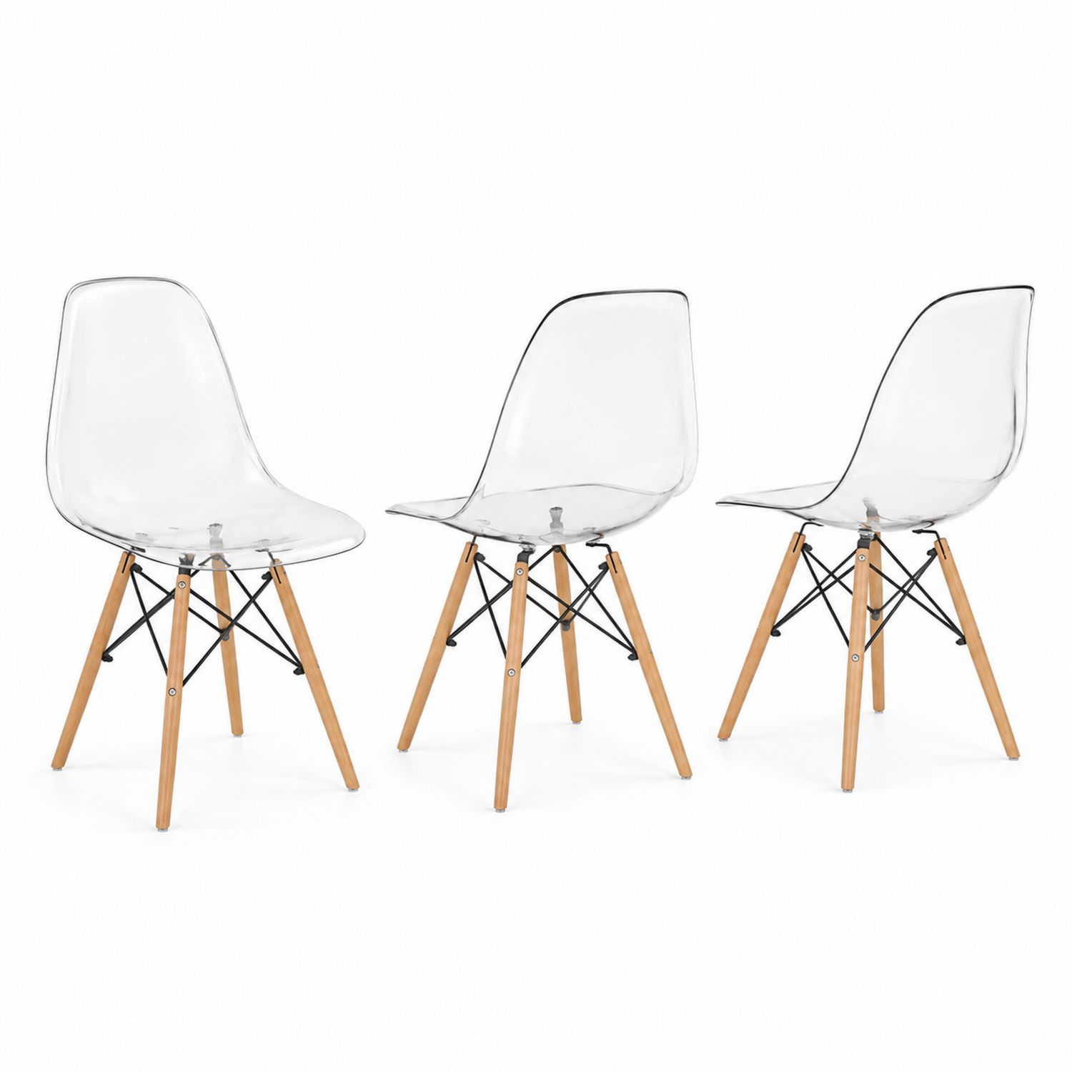 Set di 3 Sedie in Policarbonato Trasparente con Gambe in Legno
