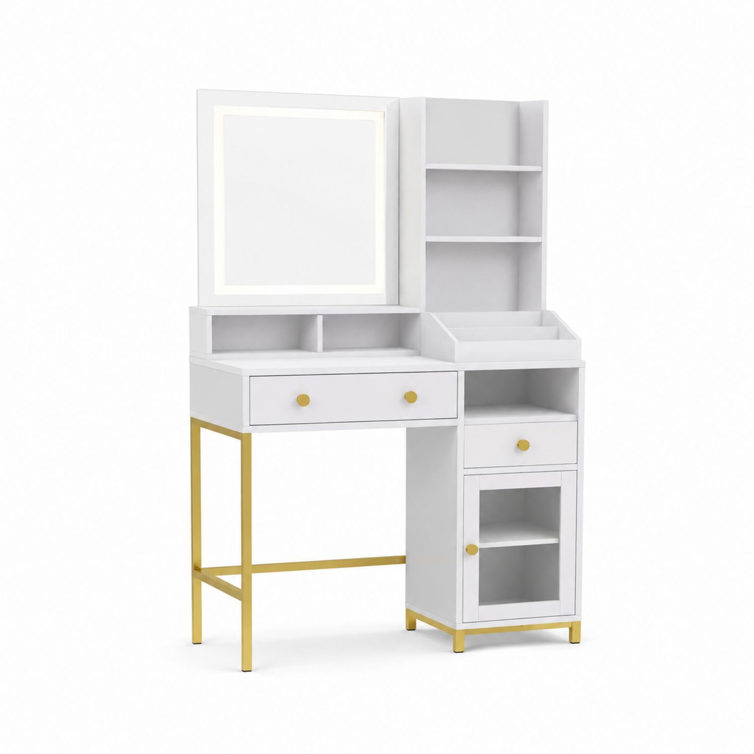 Toeletta in MDF Bianco con Specchio LED e Struttura in Metallo