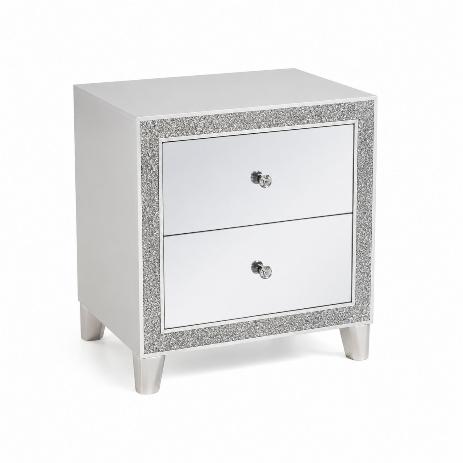 Comodino a Due Cassetti in Vetro Specchiato e Legno MDF