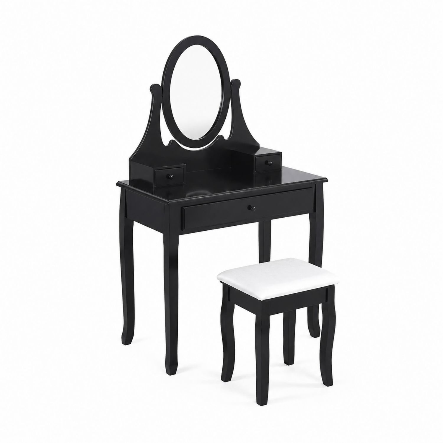 Toeletta in legno nero con specchio ovale e sgabello imbottito