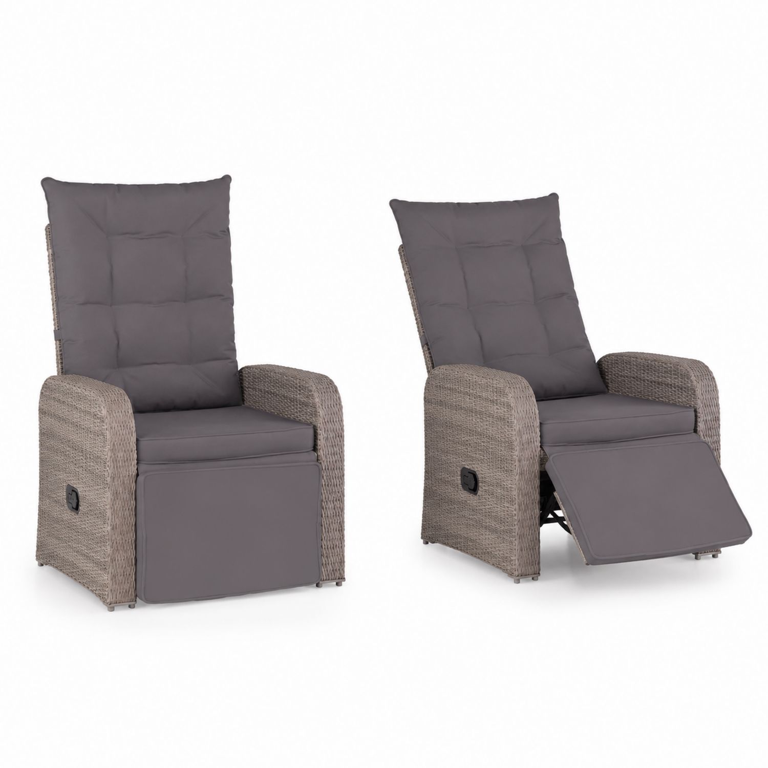 Set 2 Poltrone Reclinabili da Esterno in Rattan Sintetico con Cuscini Grigio Scuro