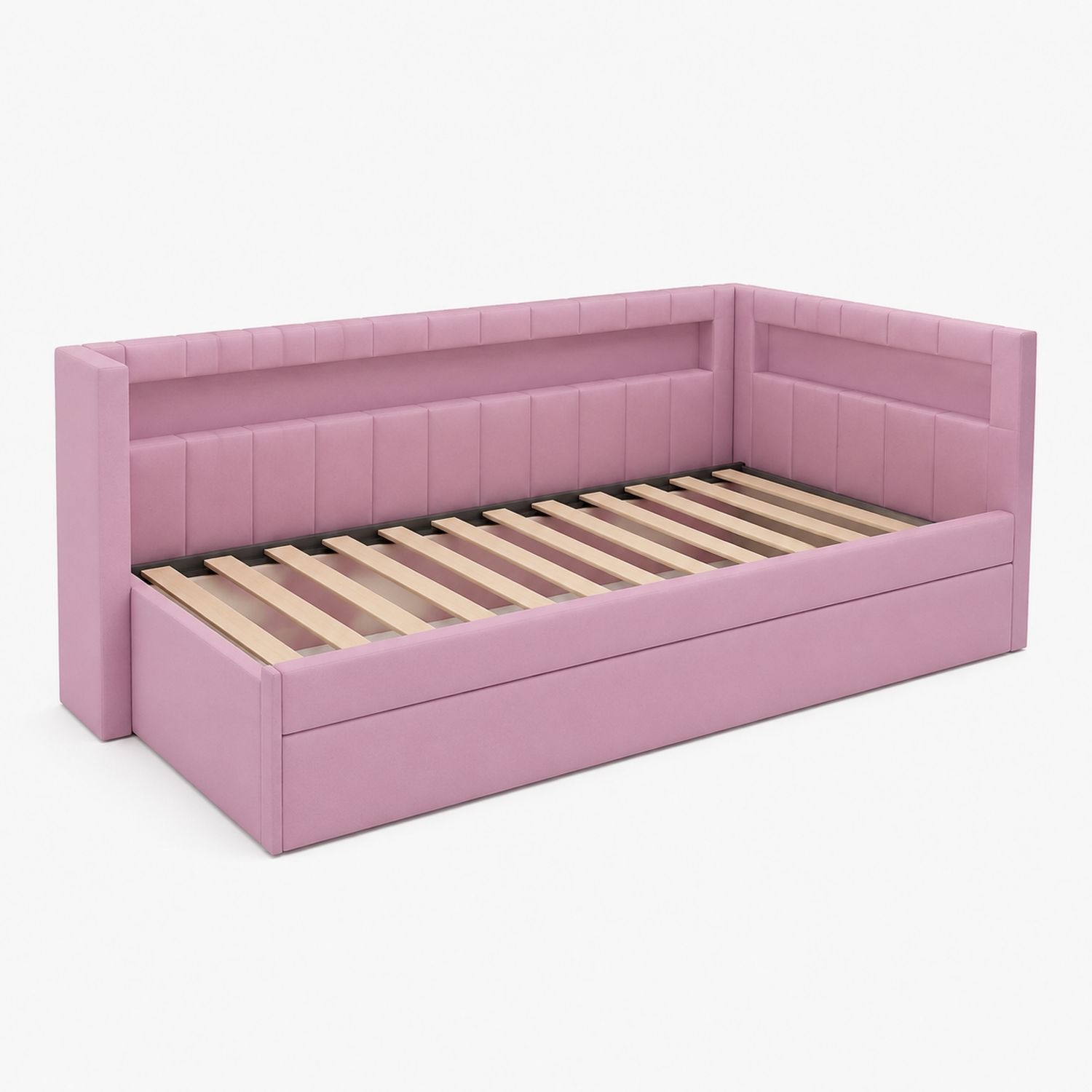 Letto angolare singolo in tessuto rosa con contenitore 200x90 cm