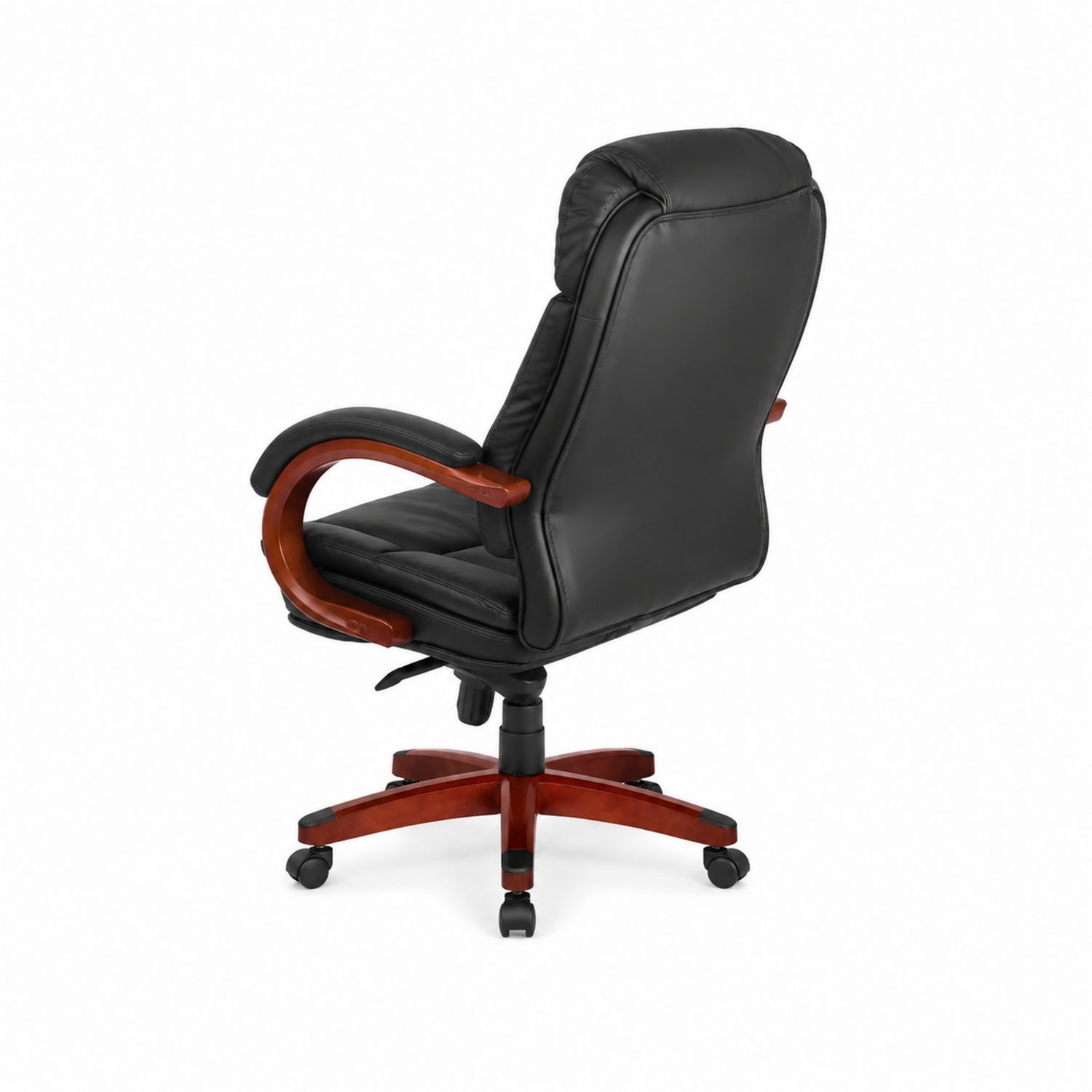 Sedia girevole in pelle sintetica nera con base in legno