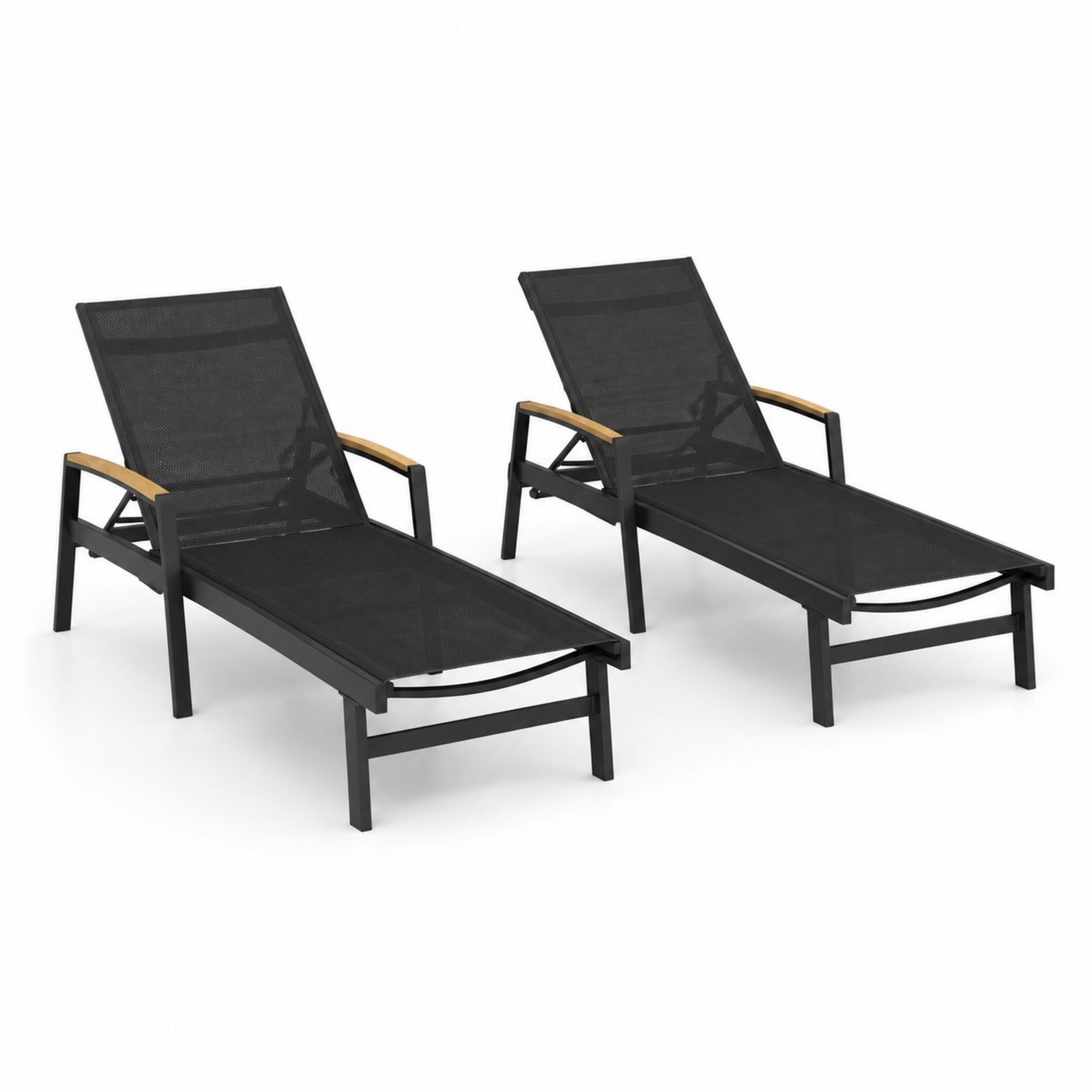 Set di 2 Lettini Prendisole in Alluminio e Textilene Nero con Braccioli in Legno, Regolabili, 200 cm