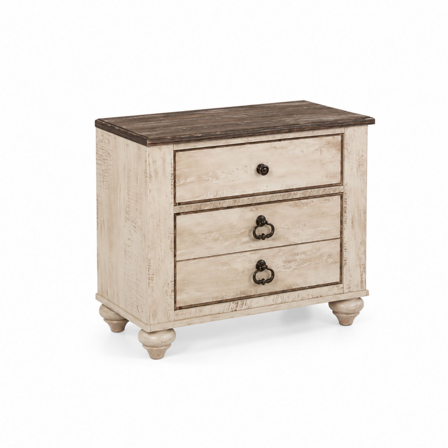 Comodino in legno di pino con 3 cassetti finitura beige