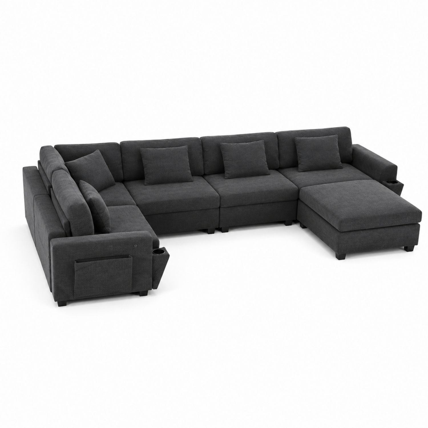 Divano angolare modulare in tessuto grigio antracite con chaise longue