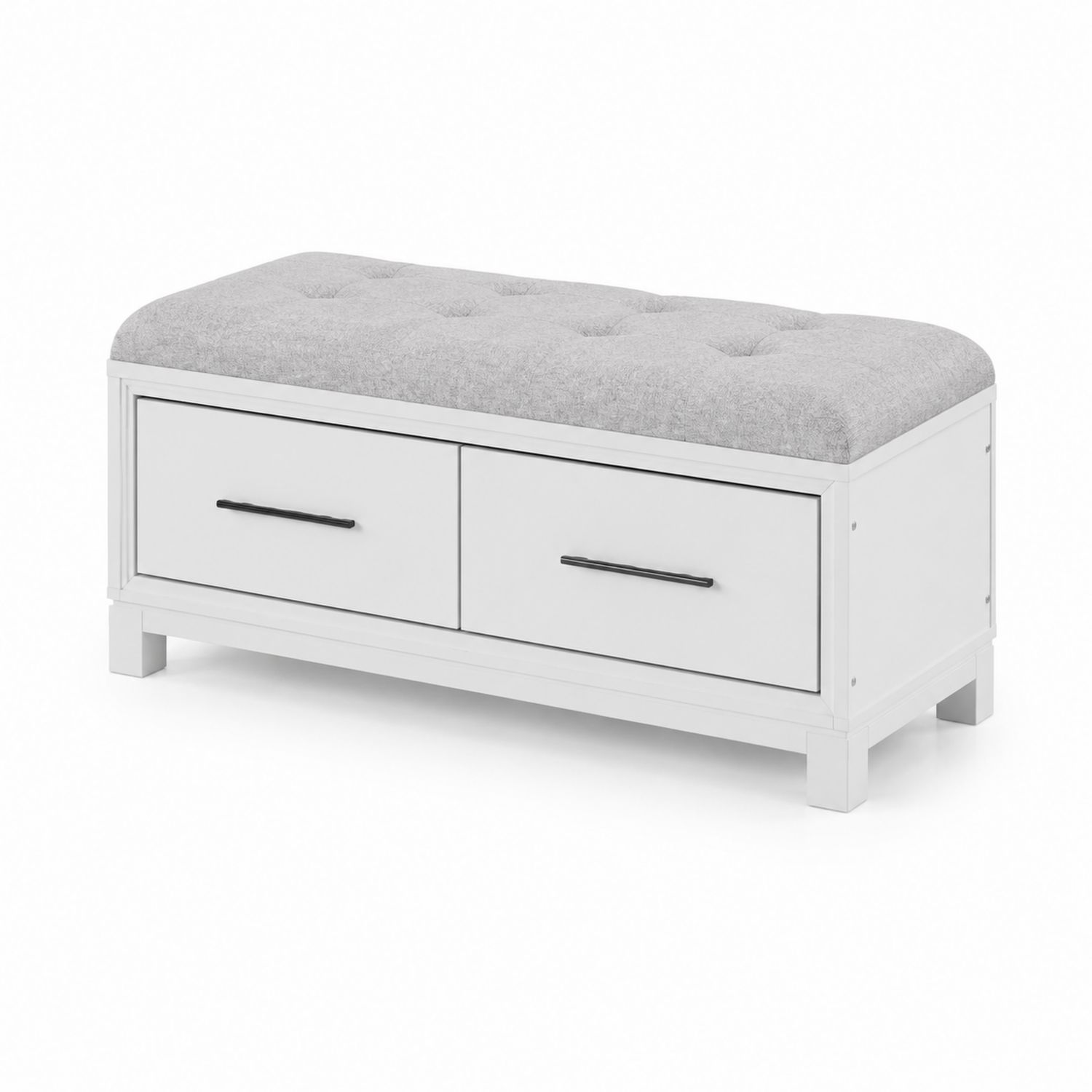 Panca in legno con cassetti imbottita in tessuto grigio