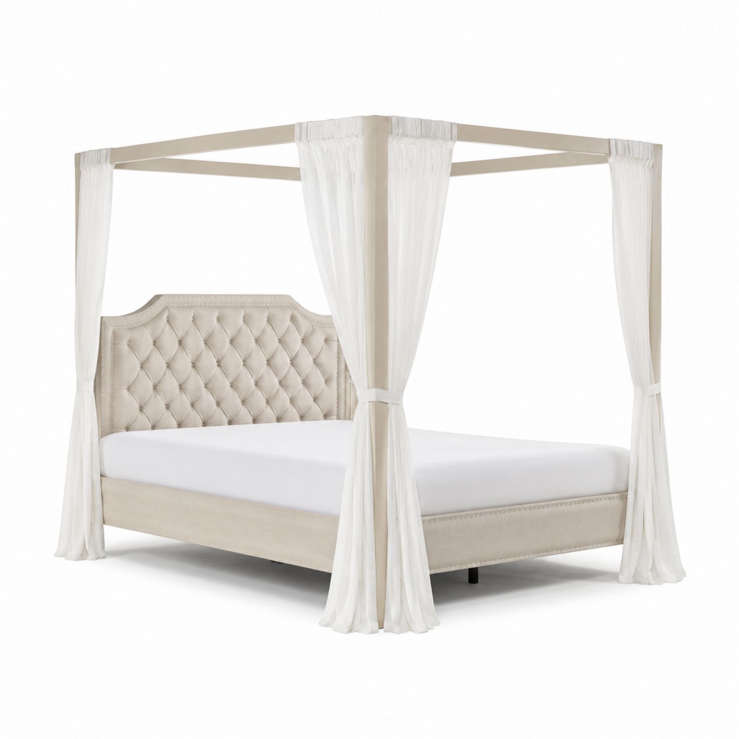 Letto a baldacchino matrimoniale in legno con testiera imbottita e tende in organza
