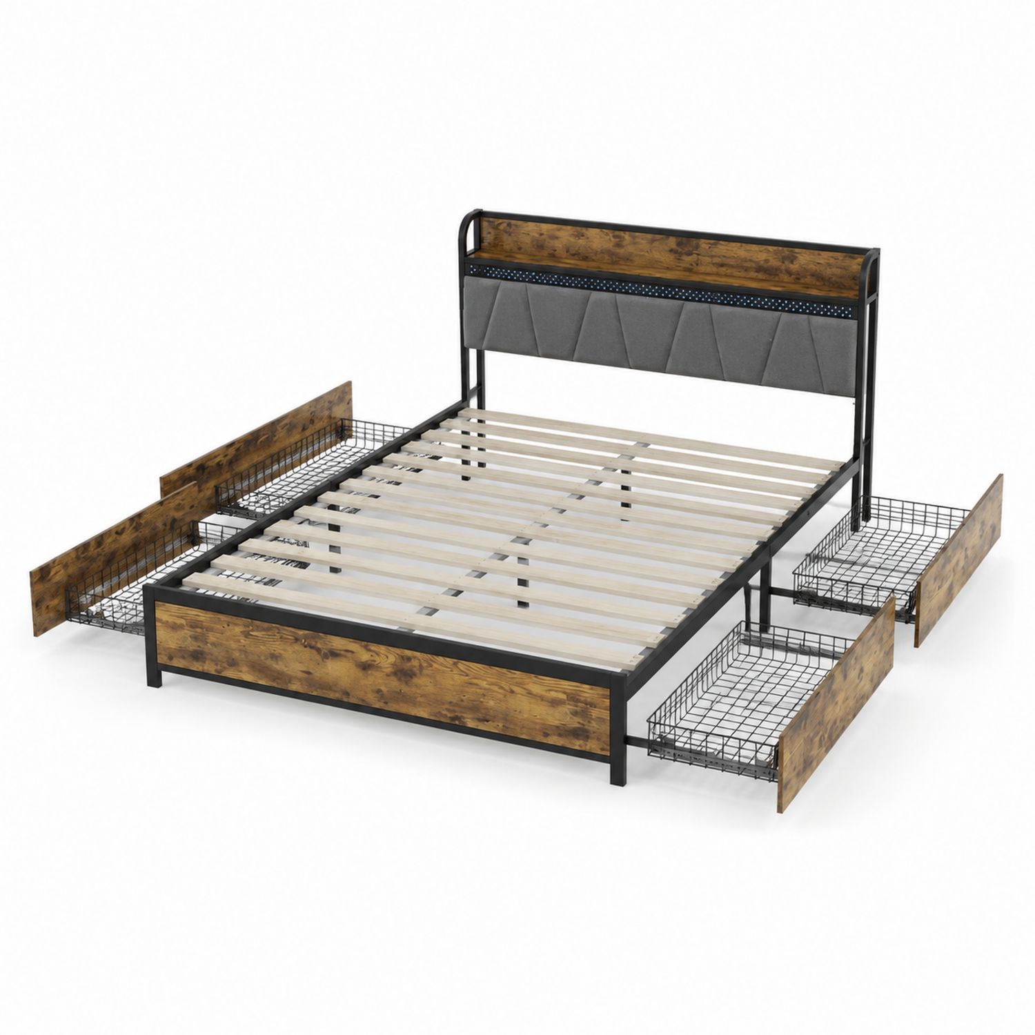 Letto matrimoniale in metallo e legno con cassetti 200x160 cm