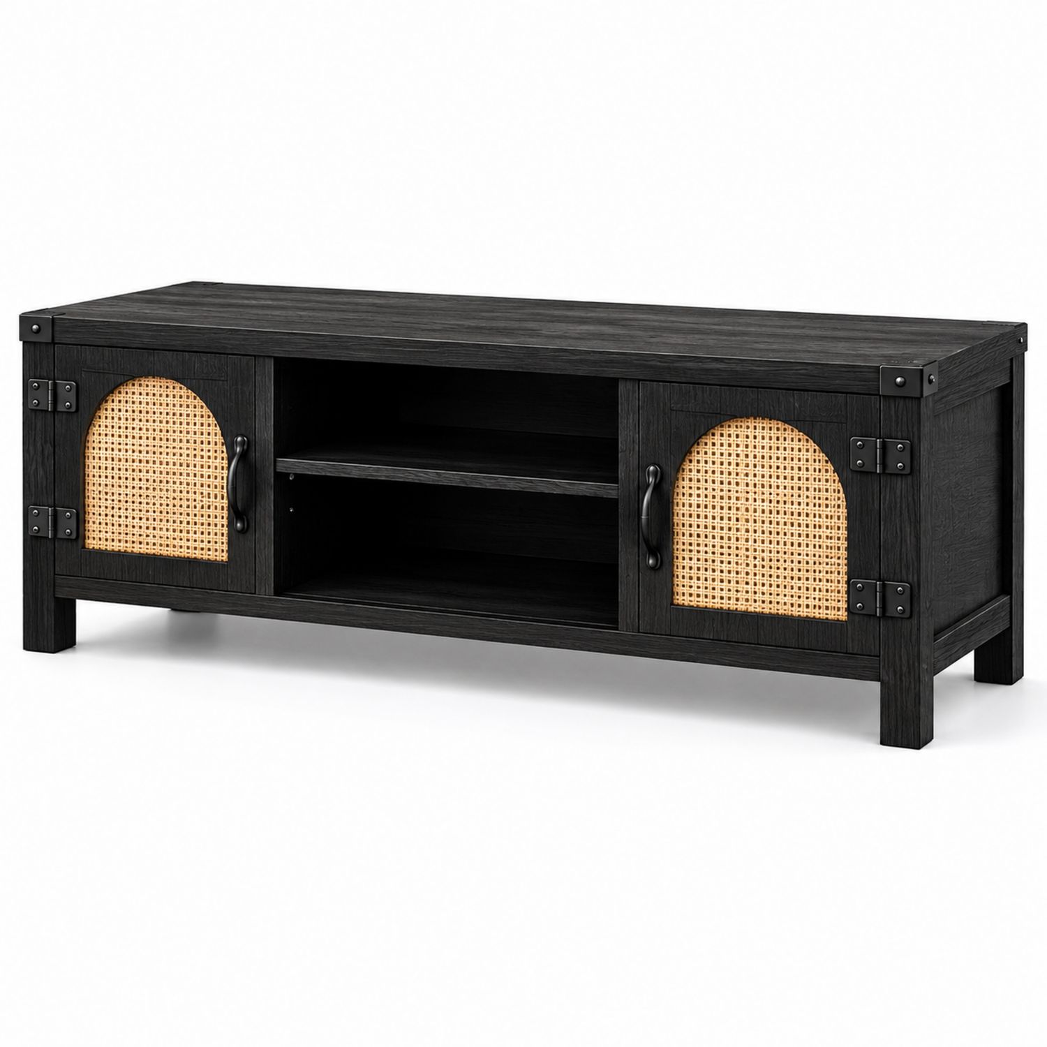 Mobile TV in legno e rattan con ripiani