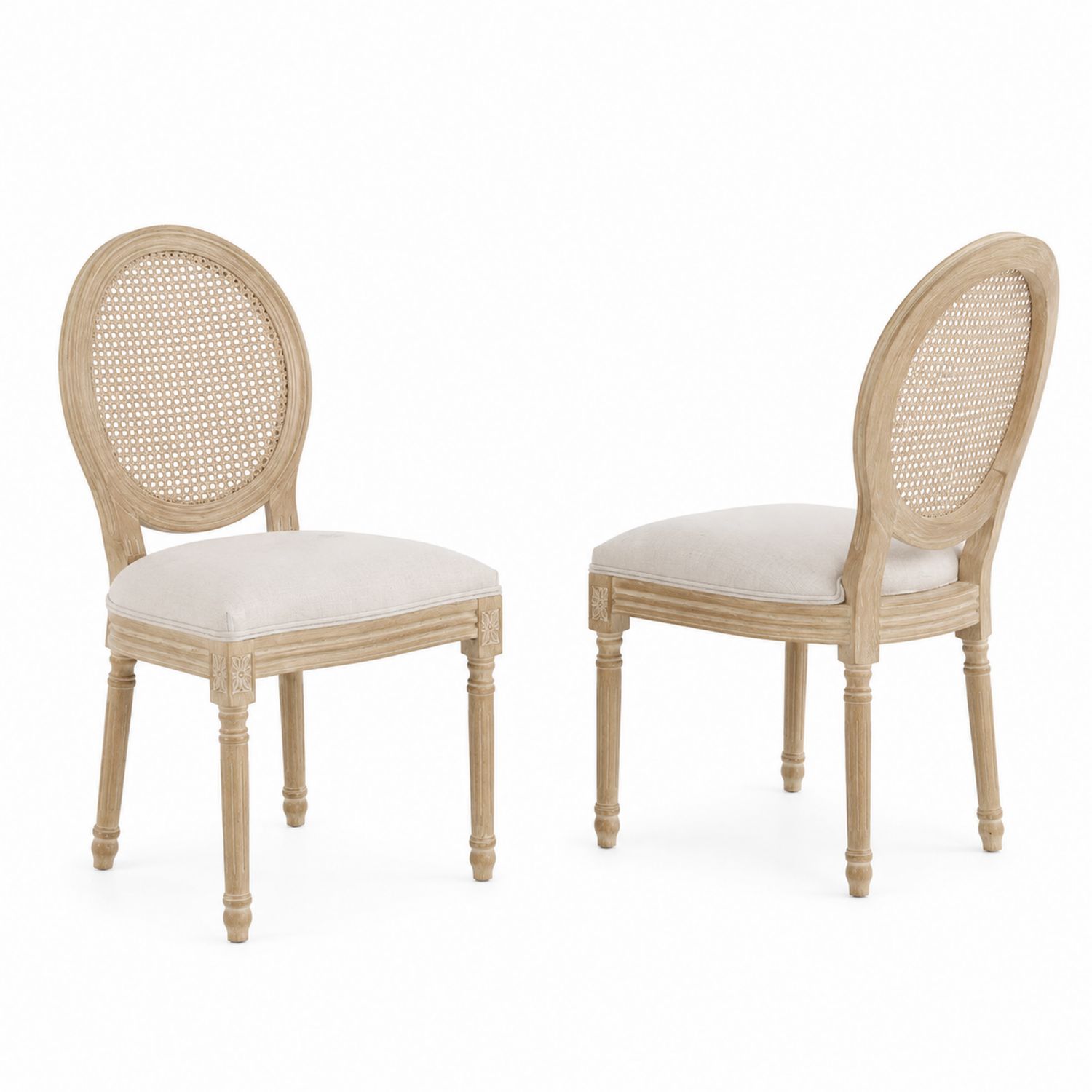 Set di 2 sedie in legno con schienale in rattan e seduta in tessuto beige