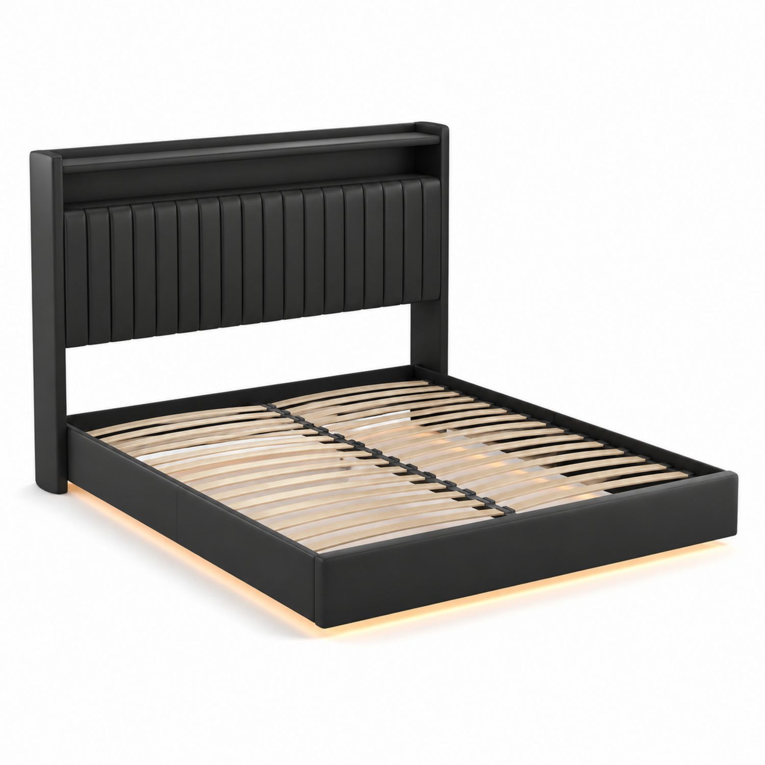 Letto matrimoniale in legno e ecopelle con doghe e LED