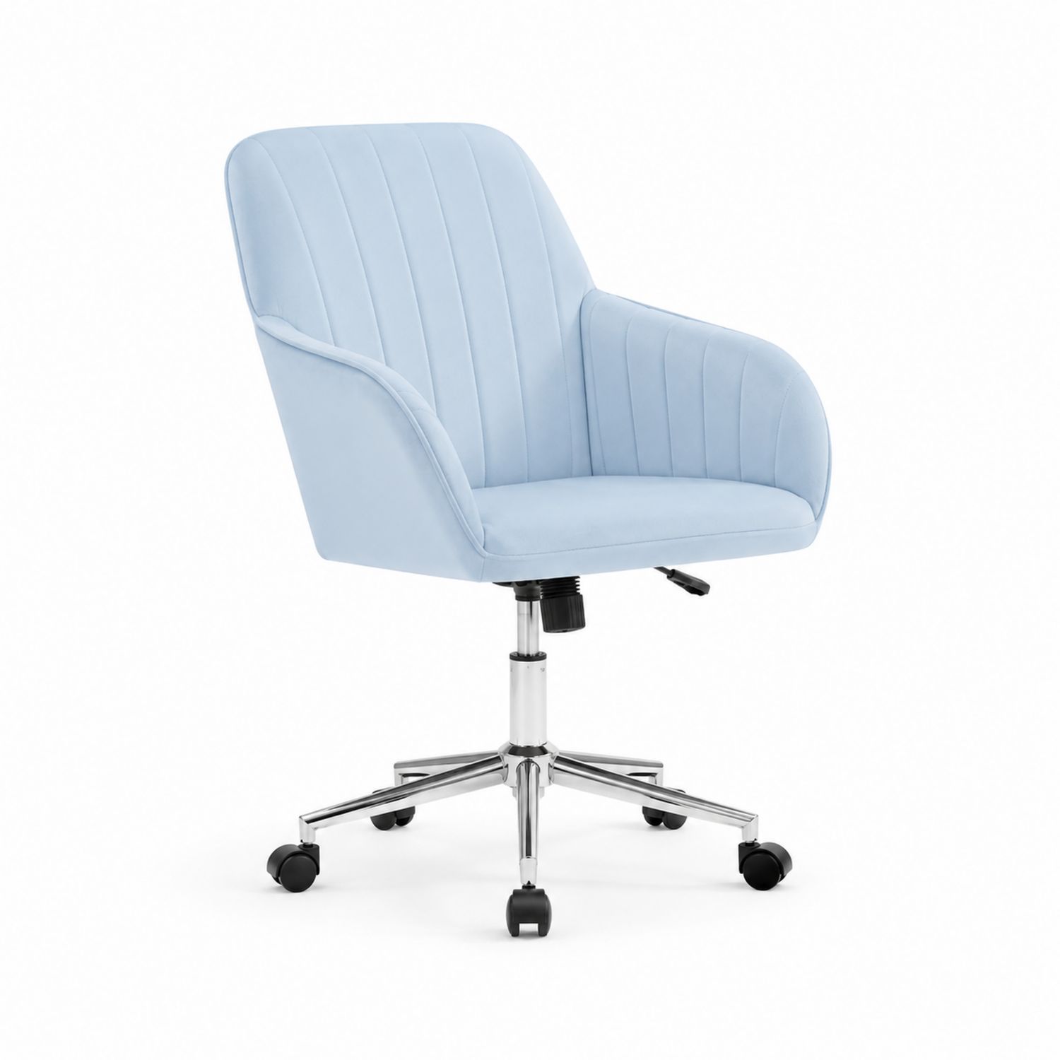 Sedia ufficio in velluto azzurro con base cromata