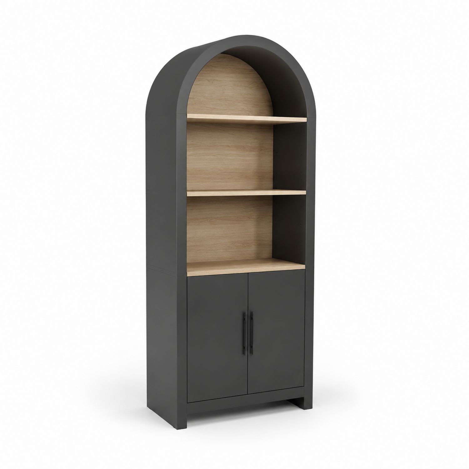 Libreria ad arco in legno e MDF con ante grigie 200x80x30 cm