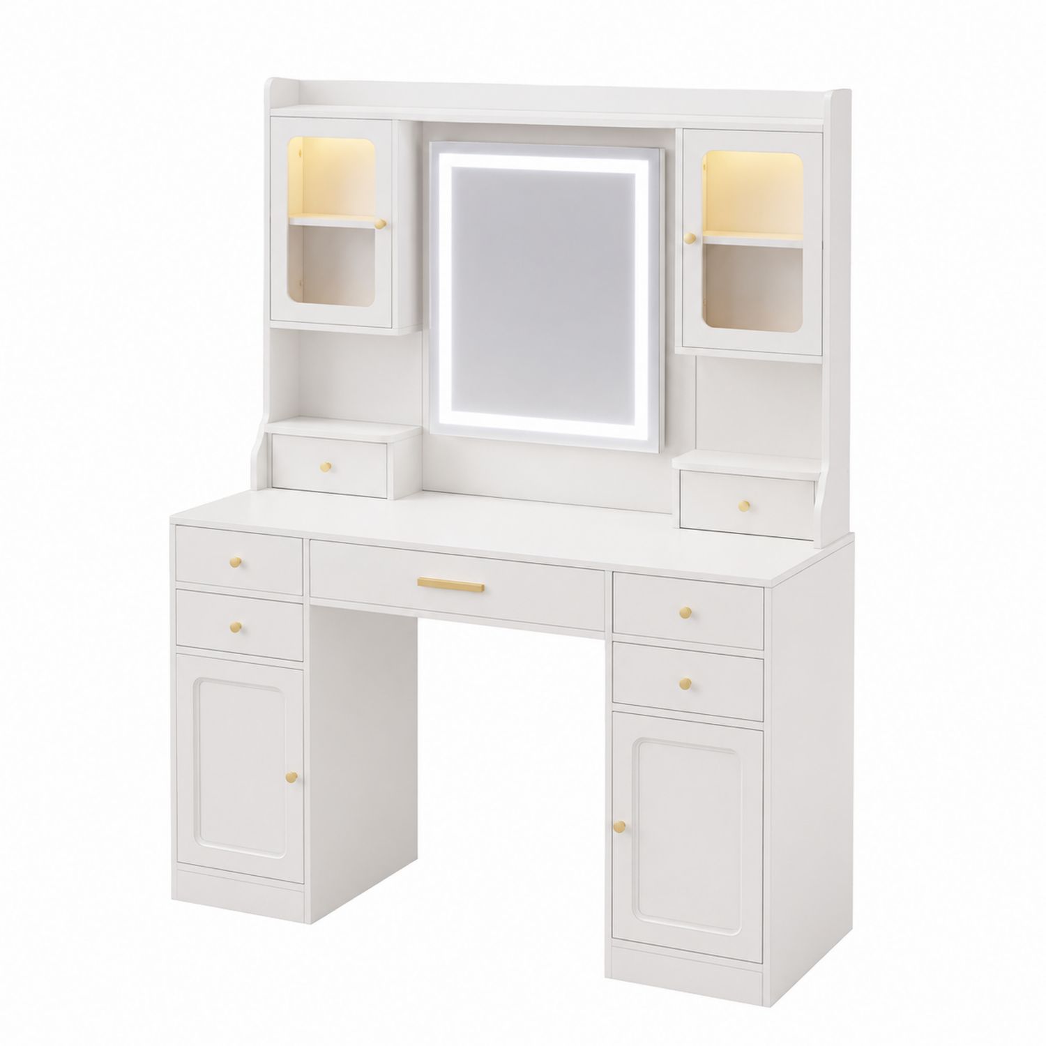 Toeletta con Specchio LED e Armadietti in MDF Bianco