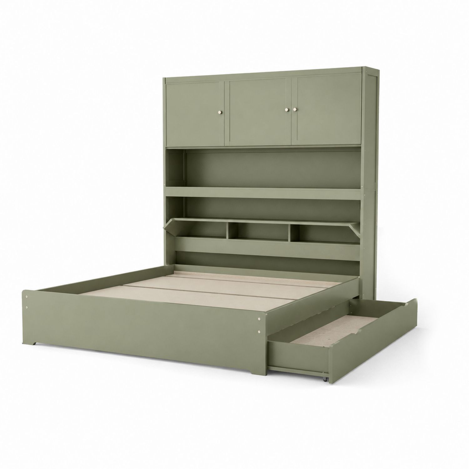 Letto in legno con contenitore e scaffali verde oliva 200x160 cm