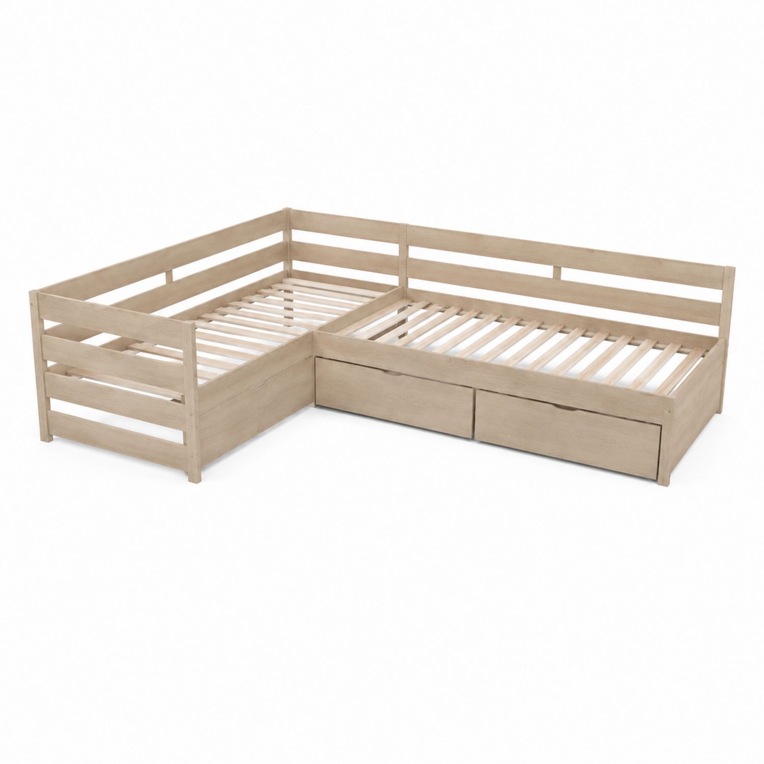 Letto angolare in legno massello con cassetti 200x90 cm Legno Chiaro