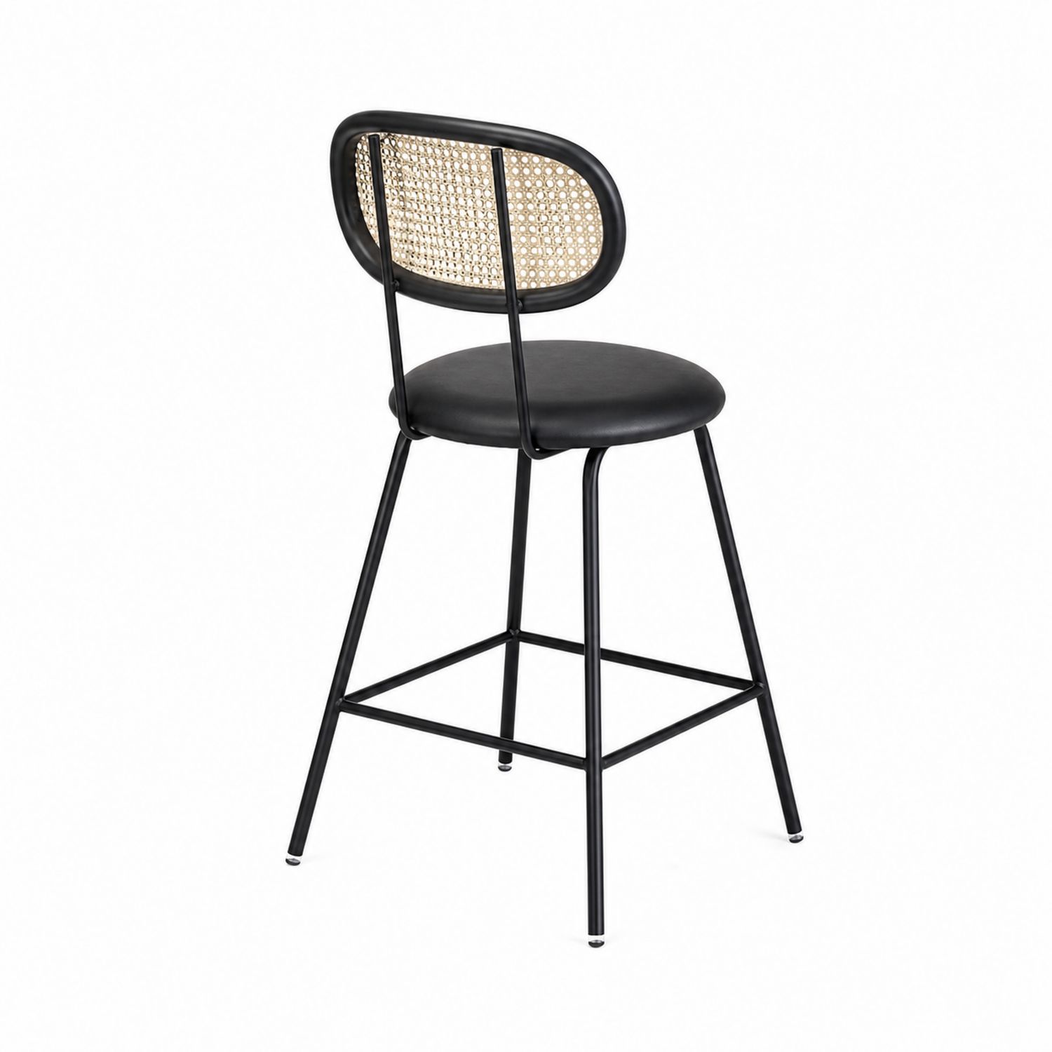 Sgabello da Bar Metallo nero con Seduta in Similpelle e Schienale in Rattan
