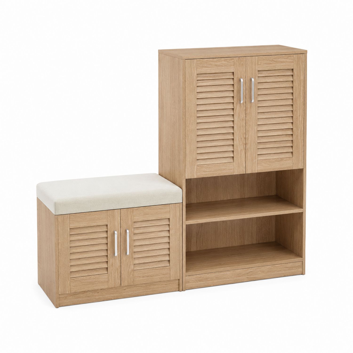 Scarpiera in Legno con Seduta Imbottita in Tessuto Beige