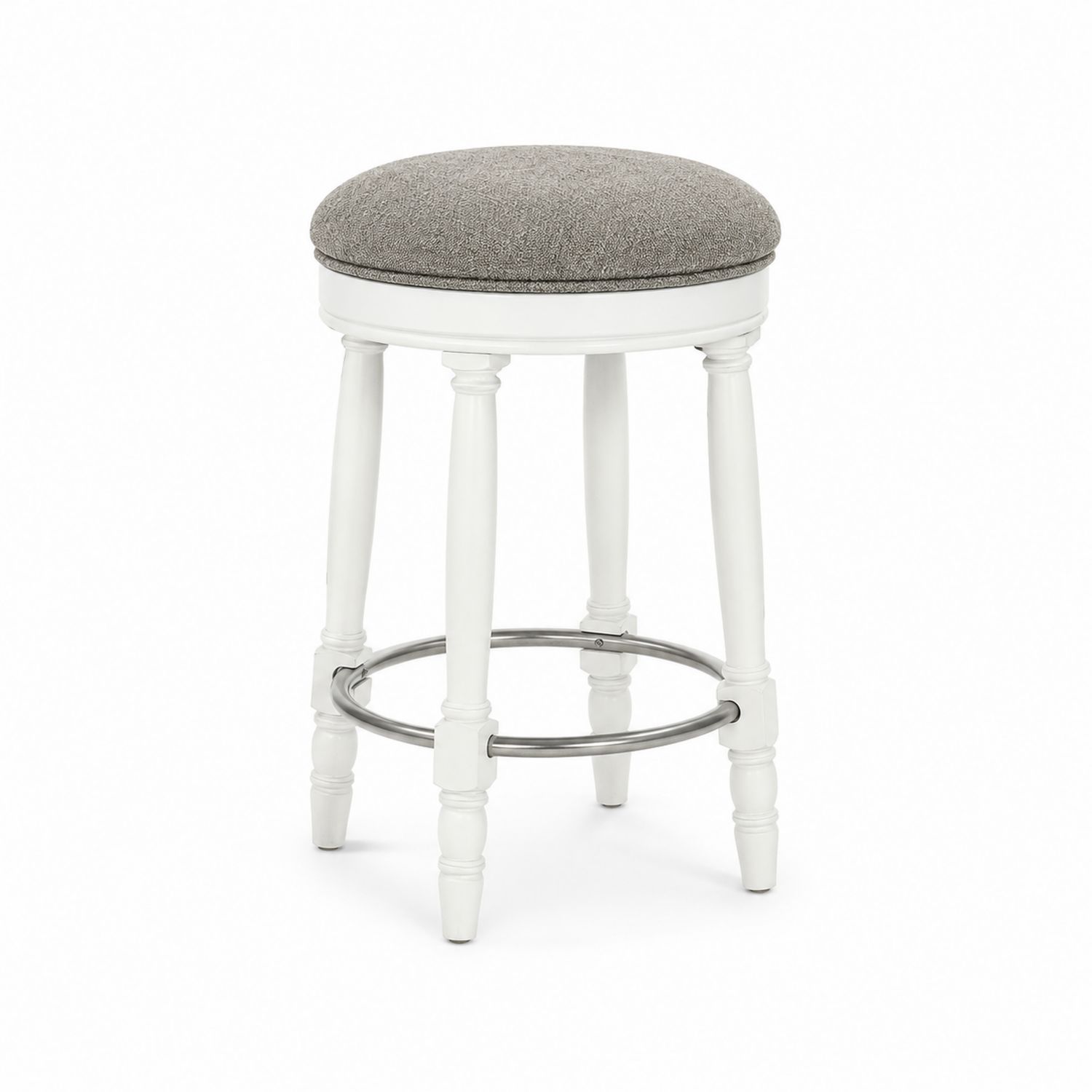 Sgabello in legno bianco con seduta in tessuto grigio
