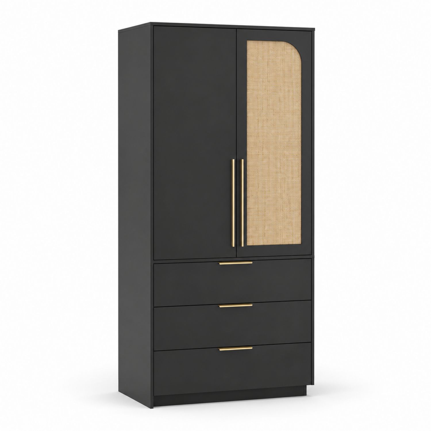 Armadio nero in MDF con anta in paglia e maniglie in ottone