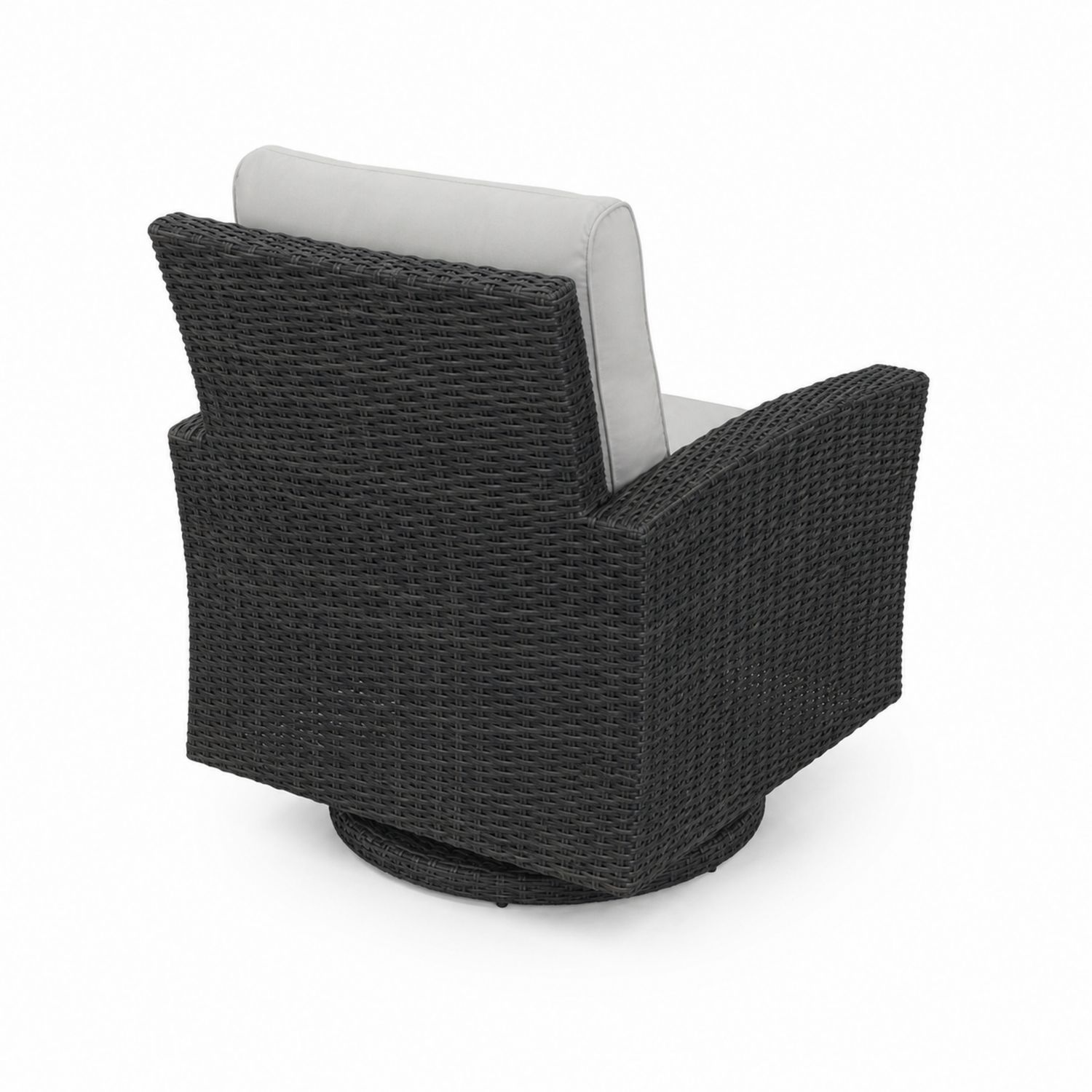 Sedia girevole da esterno in rattan con cuscini grigi