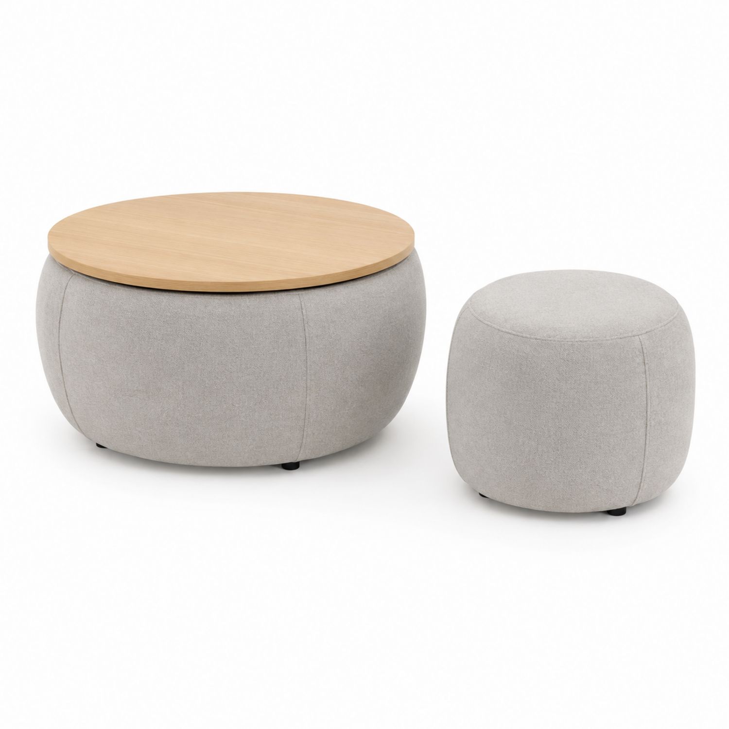 Set Pouf e Tavolino Rotondo in Tessuto Grigio Chiaro e Legno 90 cm
