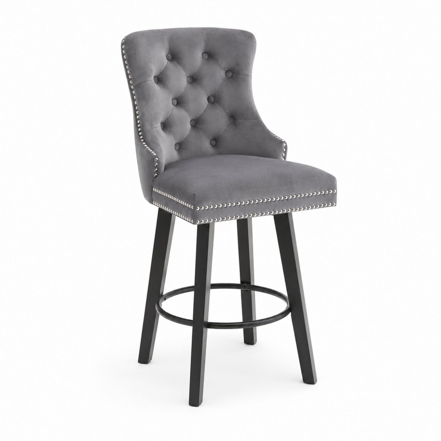 Sgabello da bar in velluto grigio con gambe in legno