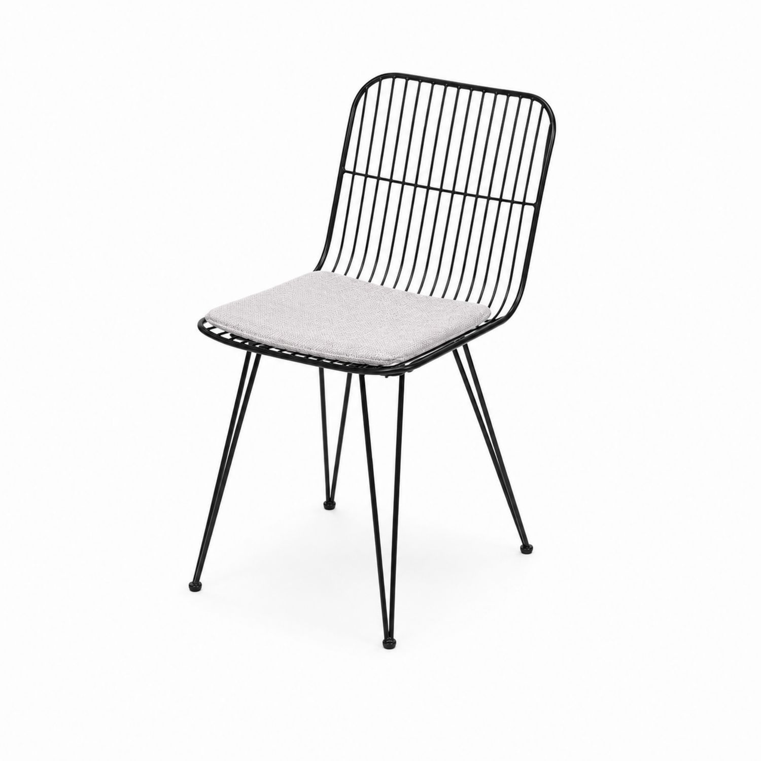 Sedia in metallo nero con cuscino in tessuto grigio