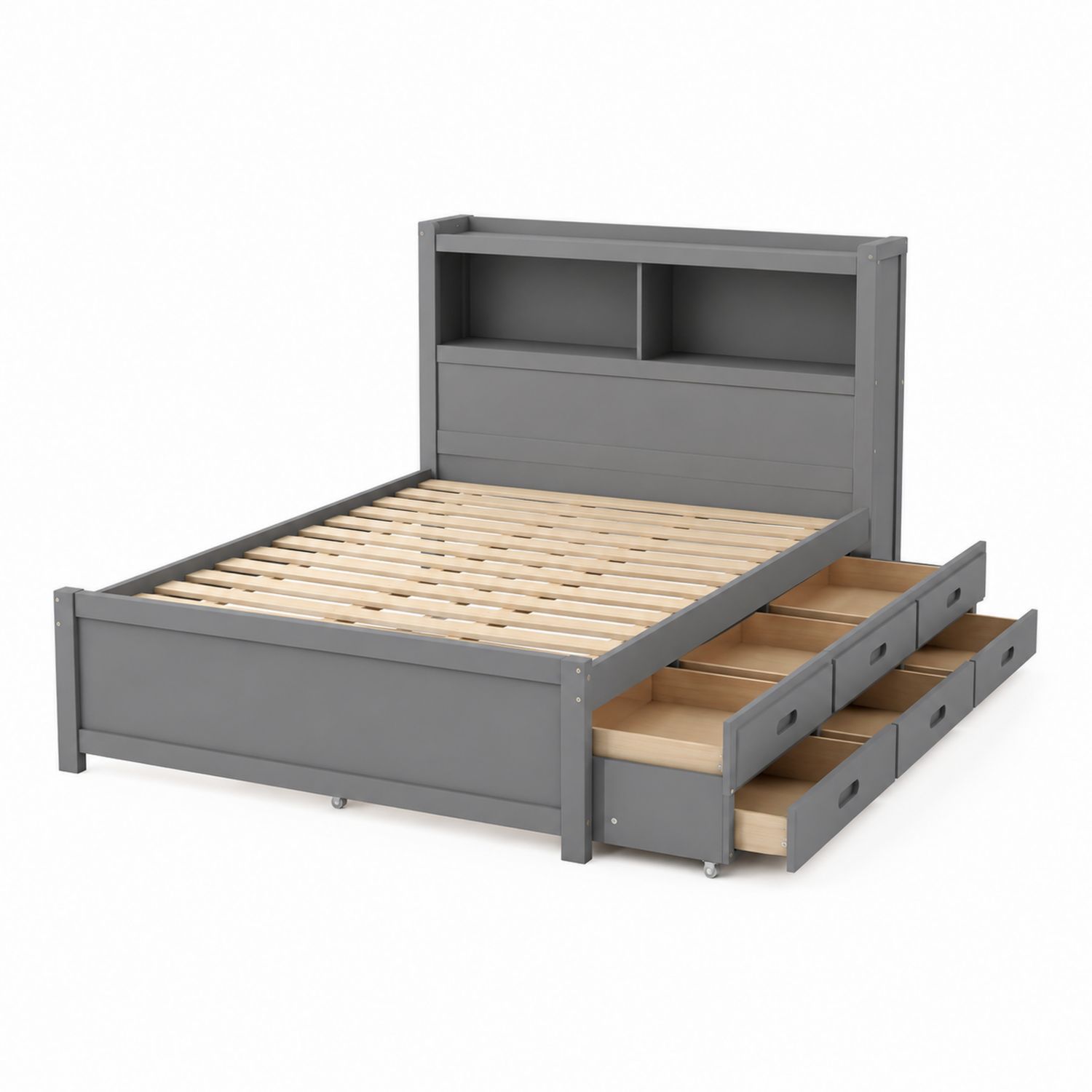 Letto matrimoniale in legno grigio con libreria e cassetti
