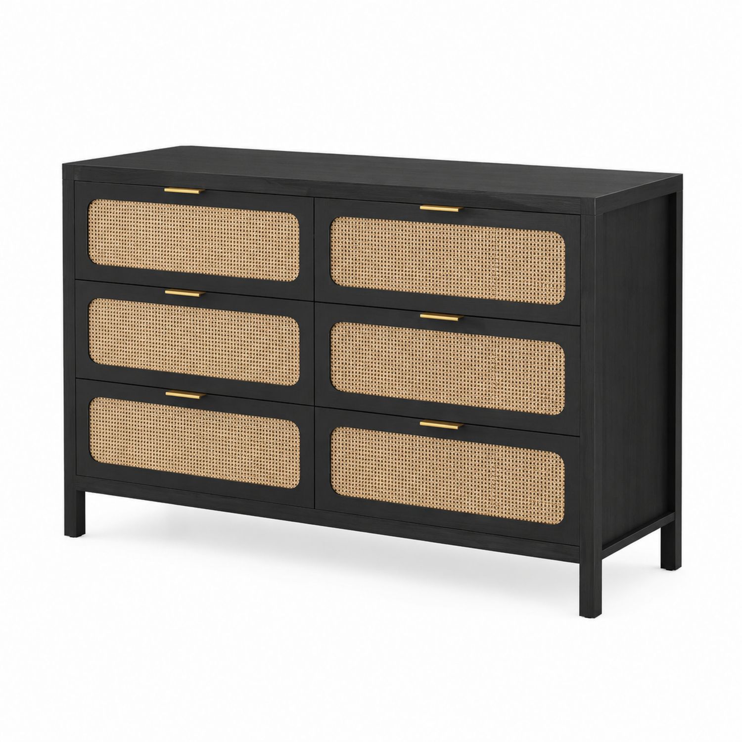 Cassettiera 6 Cassetti in Legno Nero e Rattan