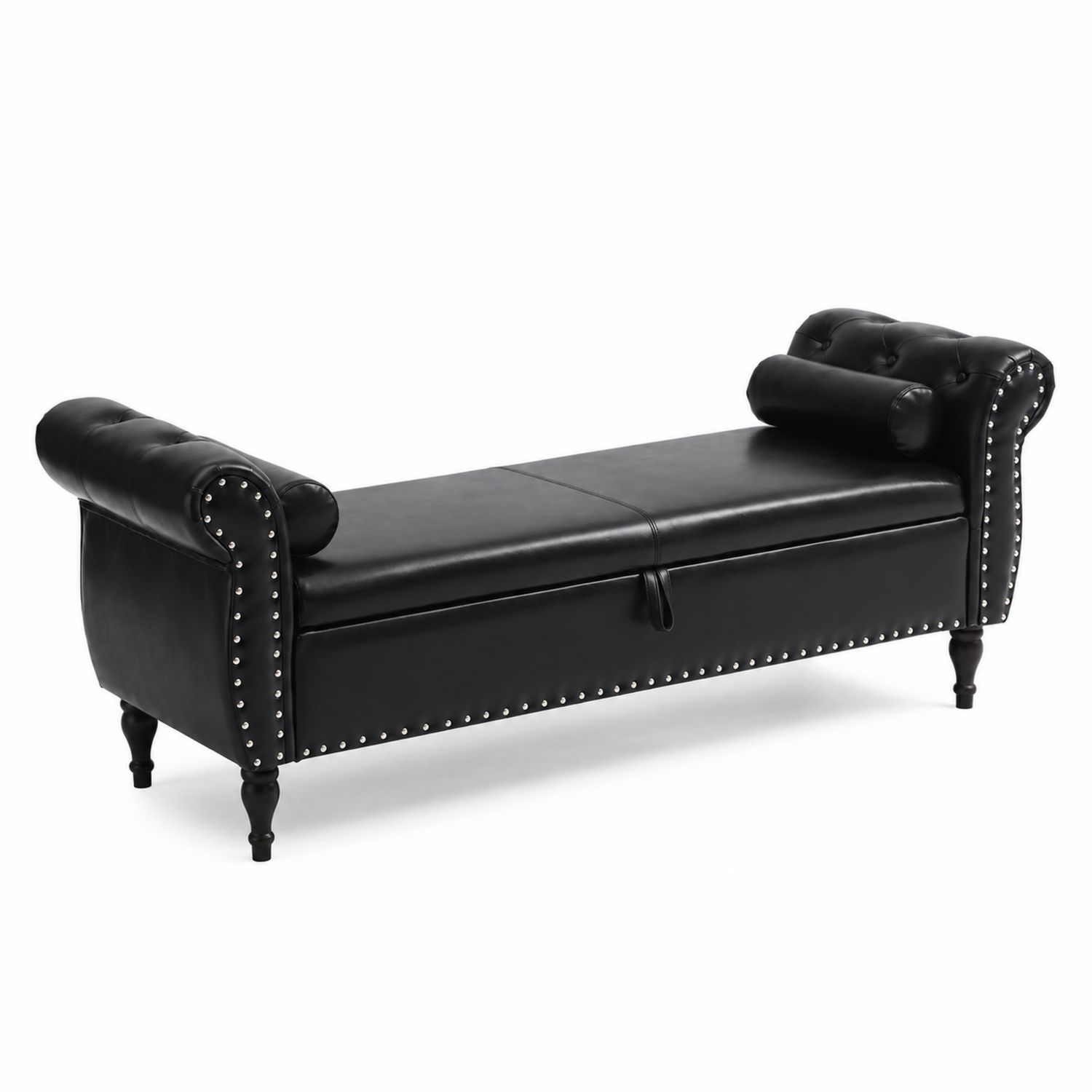 Panca in finta pelle nera con braccioli e gambe tornite