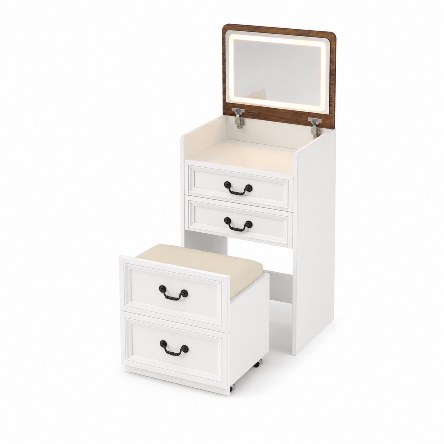 Set Toeletta con Specchio LED e Sgabello, Legno MDF, Bianco