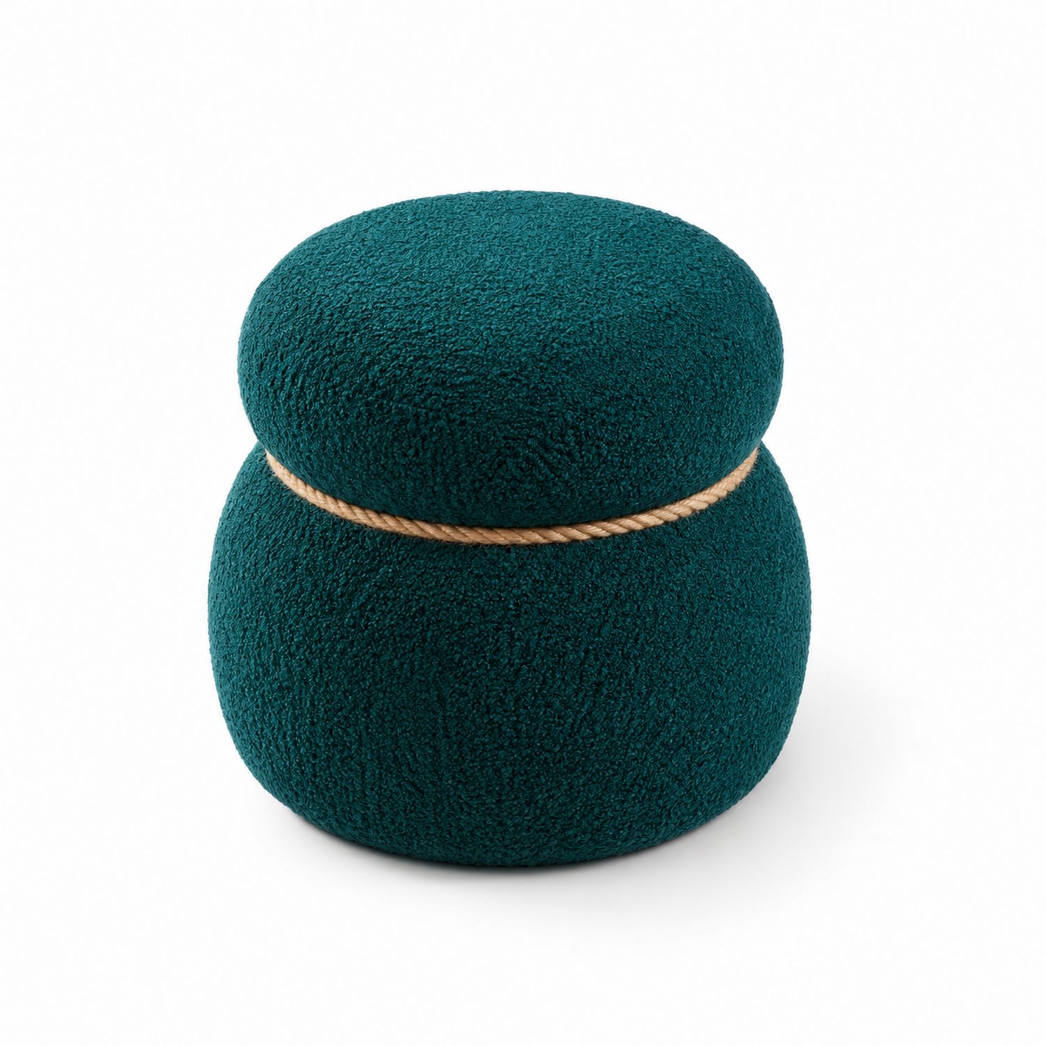 Pouf rotondo in bouclé verde petrolio con corda decorativa, 45 cm