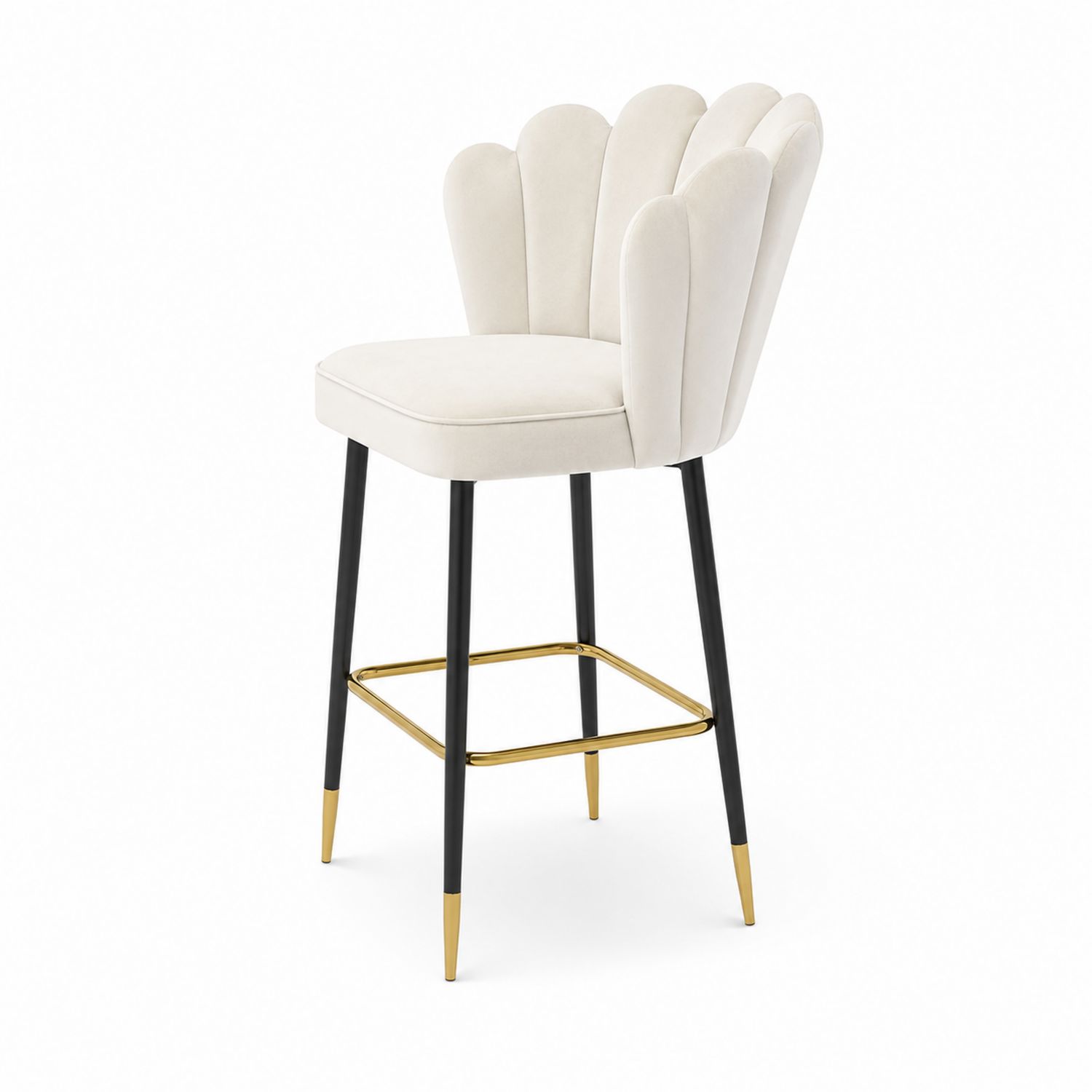 Sgabello in velluto beige con gambe in metallo nero e ottone