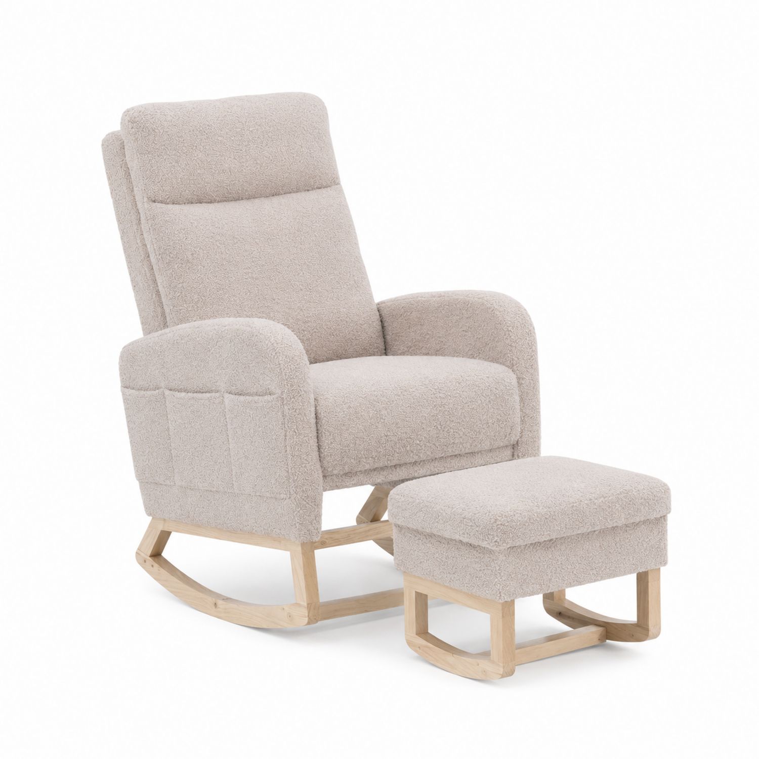 Sedia a dondolo in legno con poggiapiedi in tessuto beige