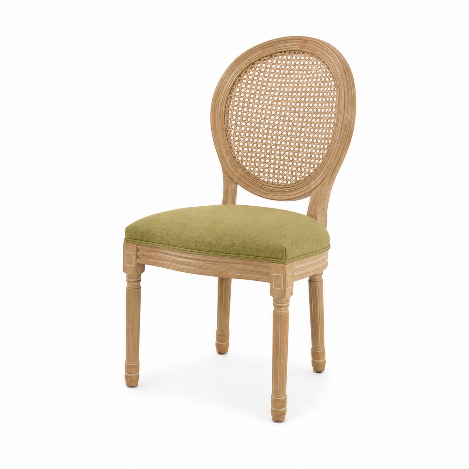 Sedia in Legno con Schienale in Rattan e Seduta in Tessuto Verde